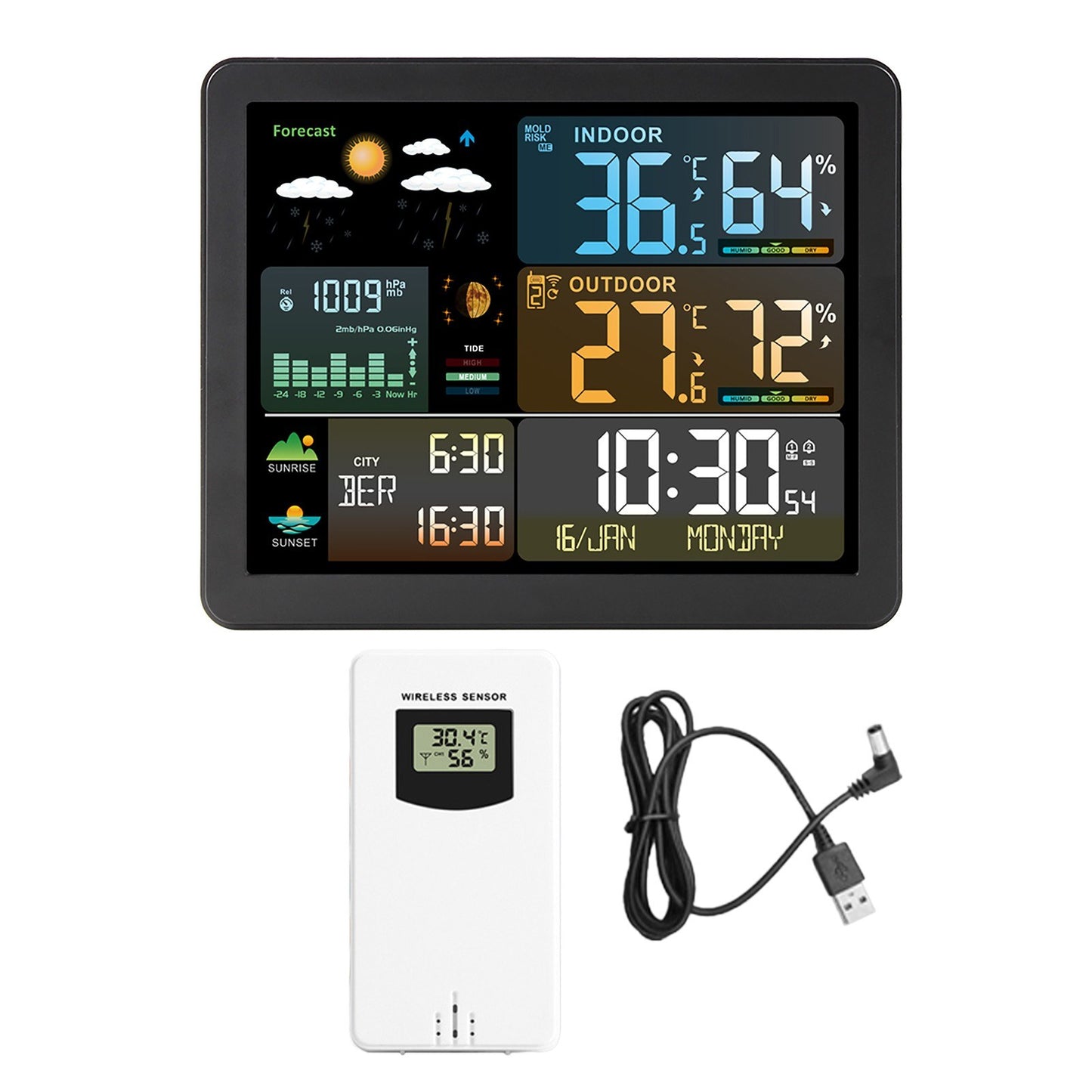 Smart Weather Station Clock with Large Color Screen & Indoor/Outdoor Temperature Humidity Meter - Model FJ3566M, 1 Sensor Included (Supports up to 3 Sensors)