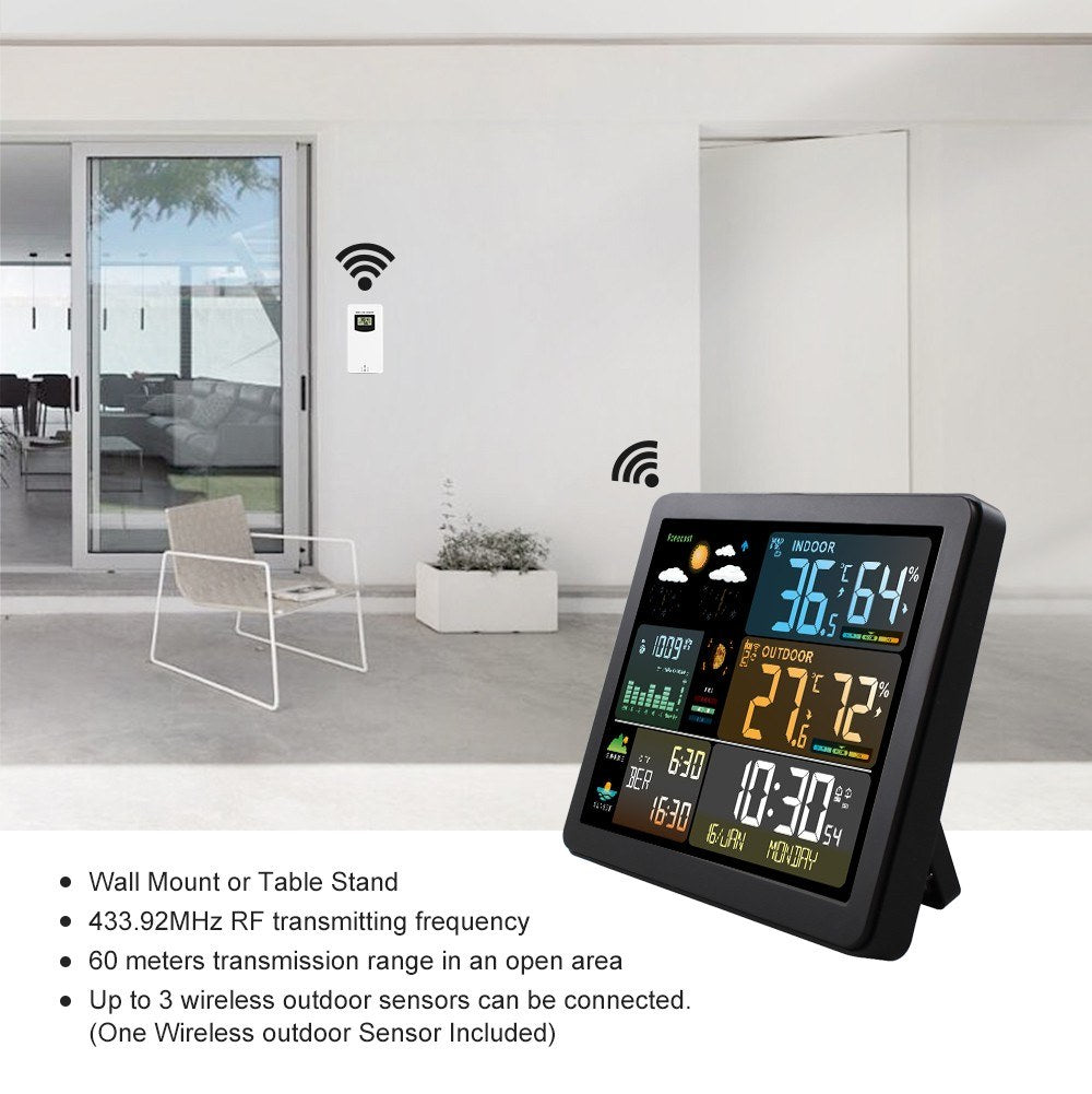Smart Weather Station Clock with Large Color Screen & Indoor/Outdoor Temperature Humidity Meter - Model FJ3566M, 1 Sensor Included (Supports up to 3 Sensors)