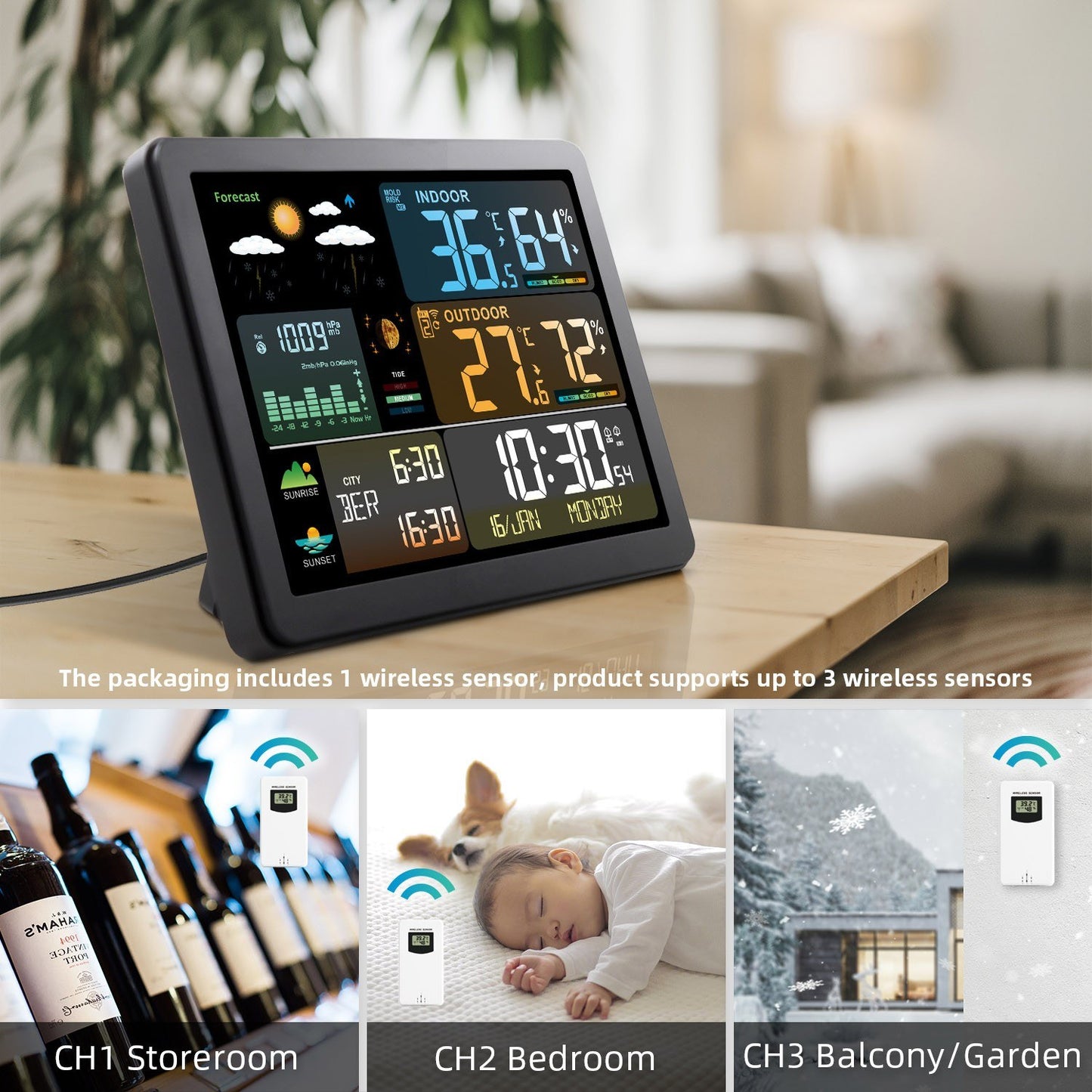 Smart Weather Station Clock with Large Color Screen & Indoor/Outdoor Temperature Humidity Meter - Model FJ3566M, 1 Sensor Included (Supports up to 3 Sensors)