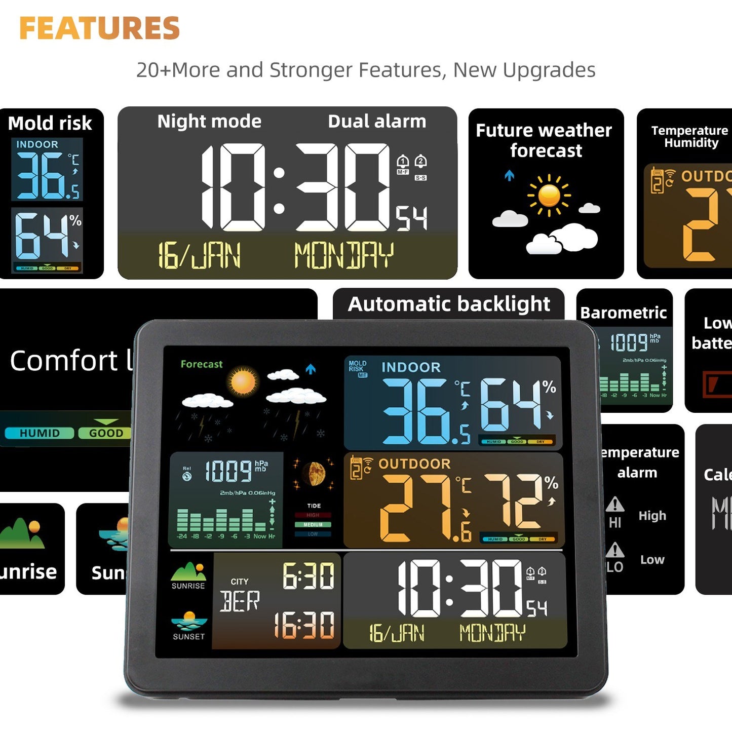 Smart Weather Station Clock with Large Color Screen & Indoor/Outdoor Temperature Humidity Meter - Model FJ3566M, 1 Sensor Included (Supports up to 3 Sensors)