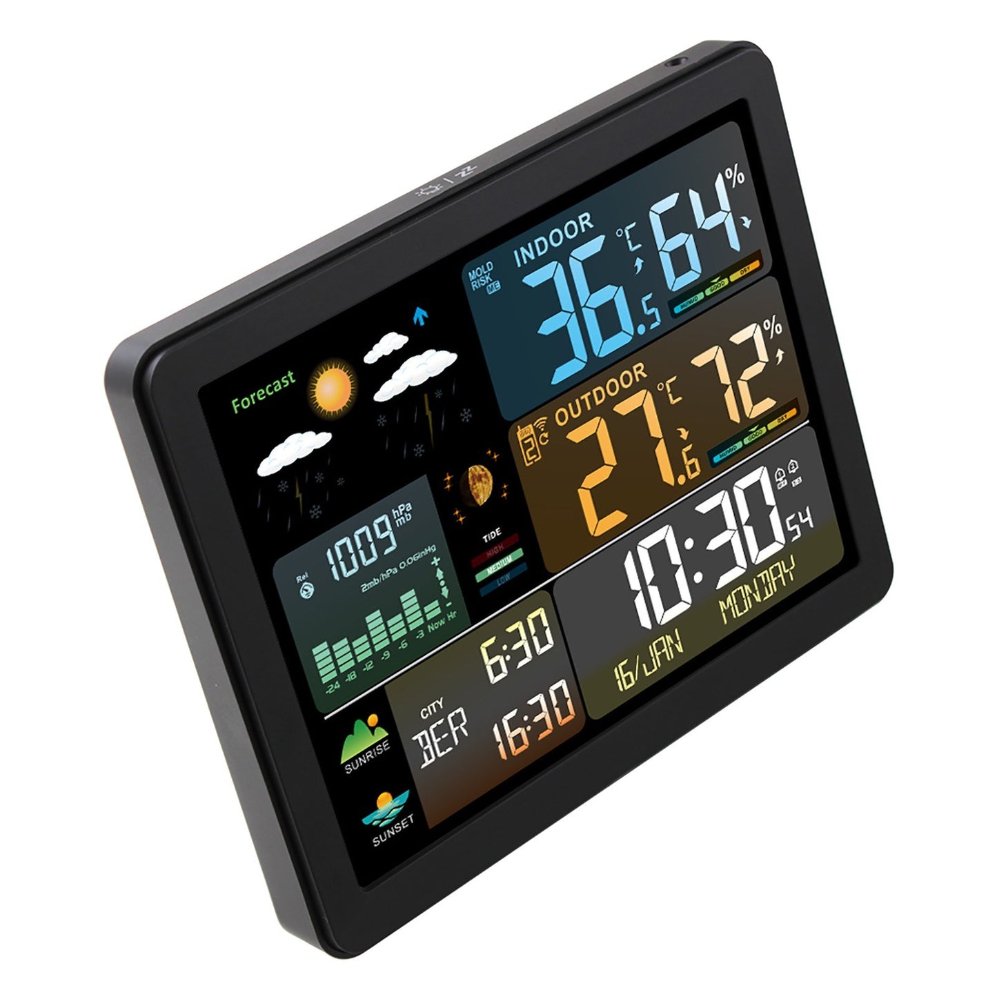 Smart Weather Station Clock with Large Color Screen & Indoor/Outdoor Temperature Humidity Meter - Model FJ3566M, 1 Sensor Included (Supports up to 3 Sensors)