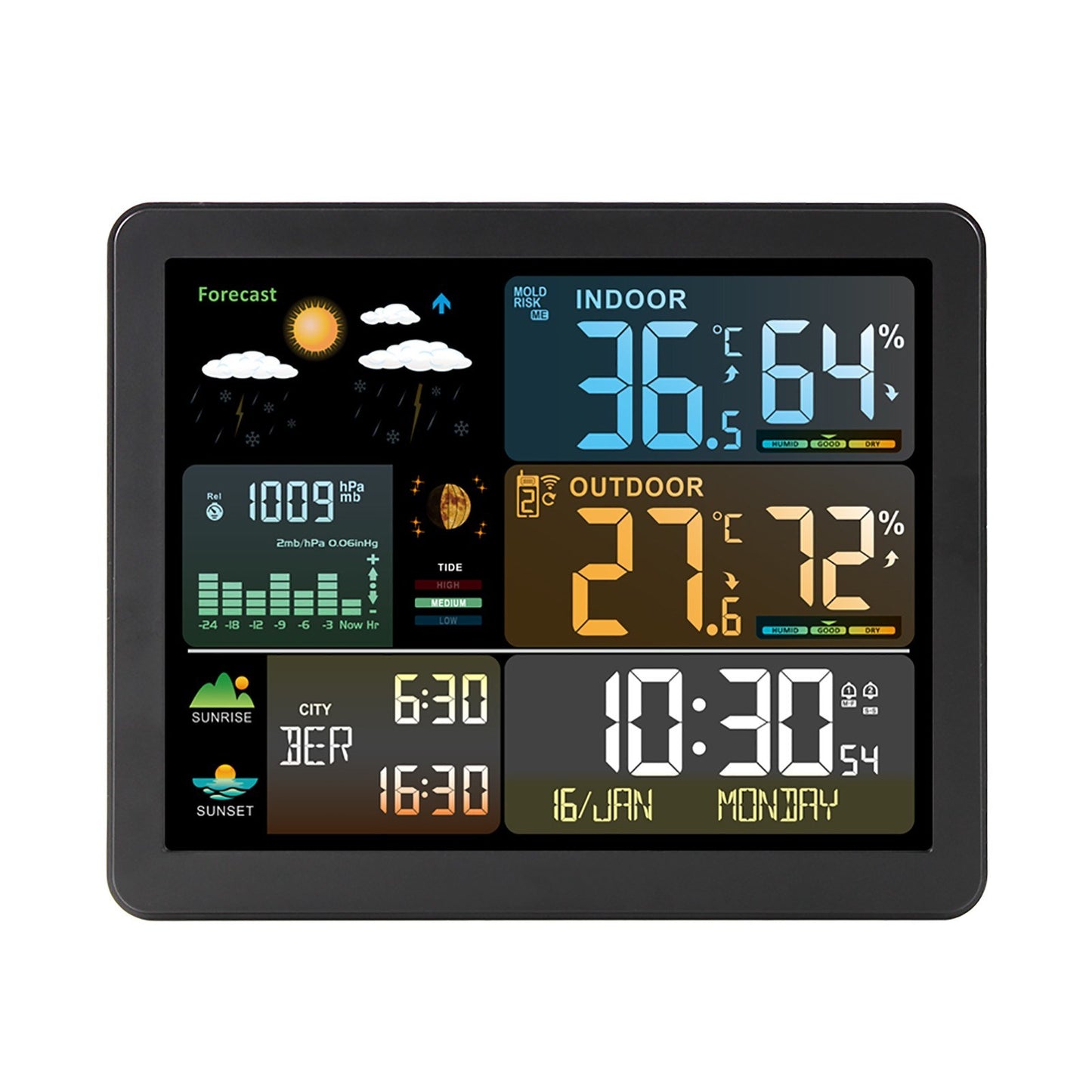 Smart Weather Station Clock with Large Color Screen & Indoor/Outdoor Temperature Humidity Meter - Model FJ3566M, 1 Sensor Included (Supports up to 3 Sensors)