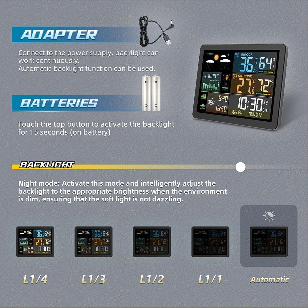 Smart Weather Station Clock with Large Color Screen & Indoor/Outdoor Temperature Humidity Meter - Model FJ3566M, 1 Sensor Included (Supports up to 3 Sensors)