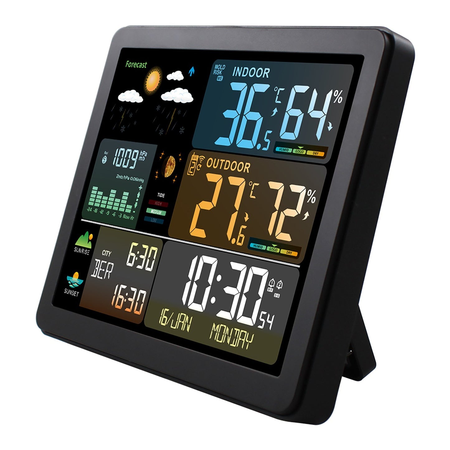 Smart Weather Station Clock with Large Color Screen & Indoor/Outdoor Temperature Humidity Meter - Model FJ3566M, 1 Sensor Included (Supports up to 3 Sensors)