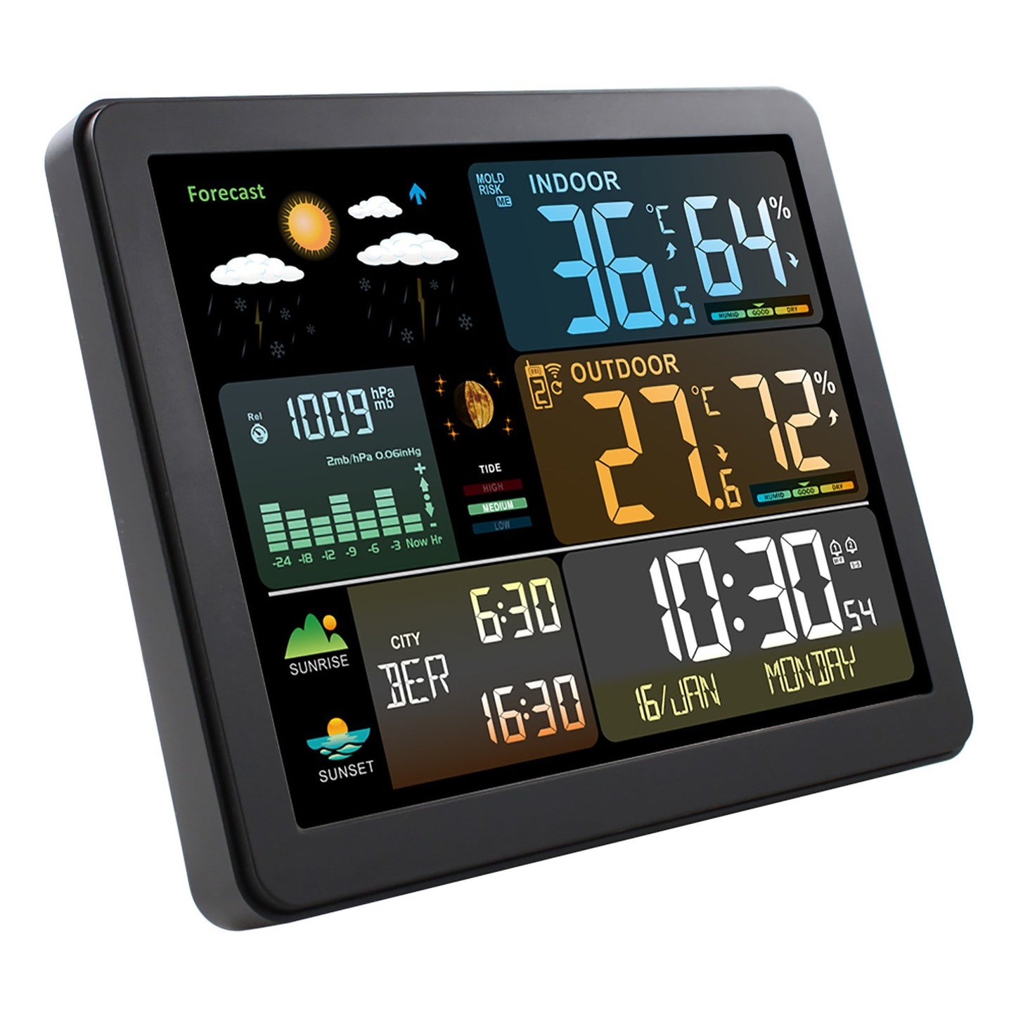 Smart Weather Station Clock with Large Color Screen & Indoor/Outdoor Temperature Humidity Meter - Model FJ3566M, 1 Sensor Included (Supports up to 3 Sensors)