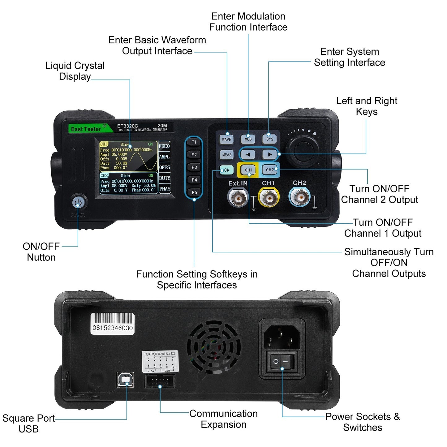 East Tester ET3320C Dual-Channel 20MHz Function/Arbitrary Waveform Generator with 200MSa/s Sampling Rate