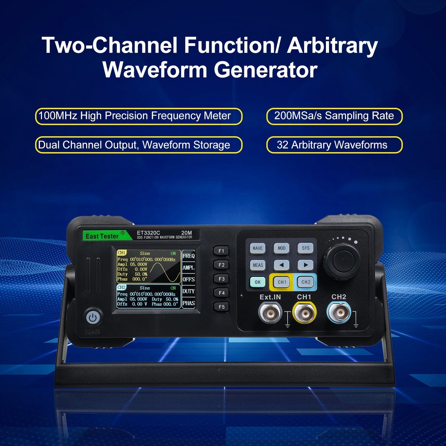 East Tester ET3320C Dual-Channel 20MHz Function/Arbitrary Waveform Generator with 200MSa/s Sampling Rate