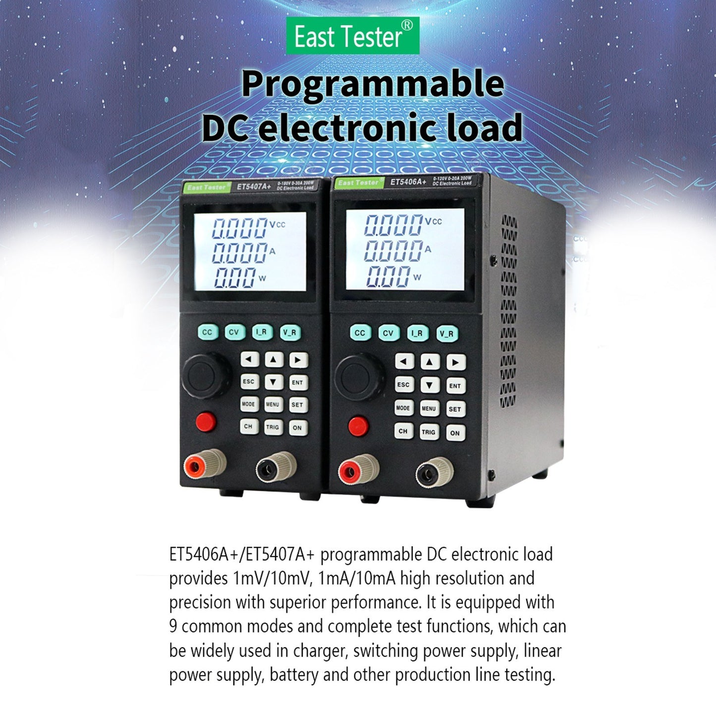 ET5406A+ 200W Programmable DC Load Tester, 0-120V/0-20A, 1mV/1mA Precision Mini Battery Tester for CC/CV Testing