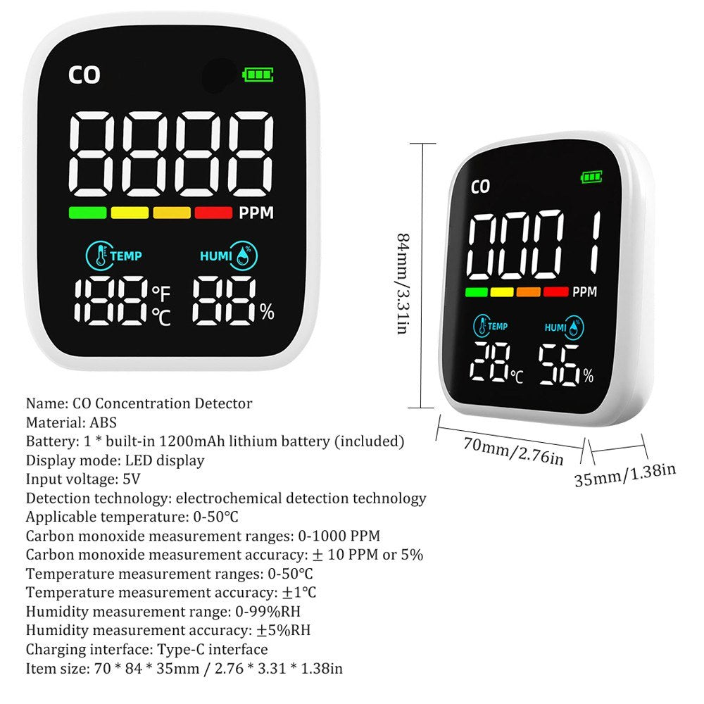 Portable CO Detector & Multifunction Air Quality Tester with Digital LED Display