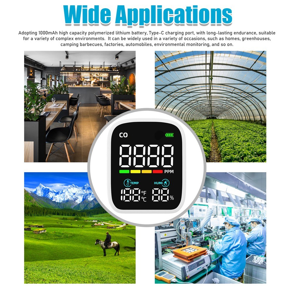 Portable CO Detector & Multifunction Air Quality Tester with Digital LED Display