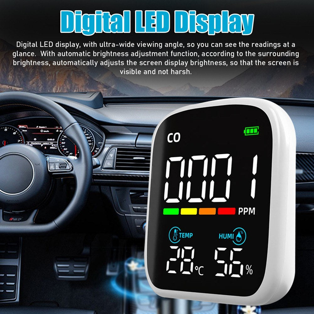 Portable CO Detector & Multifunction Air Quality Tester with Digital LED Display
