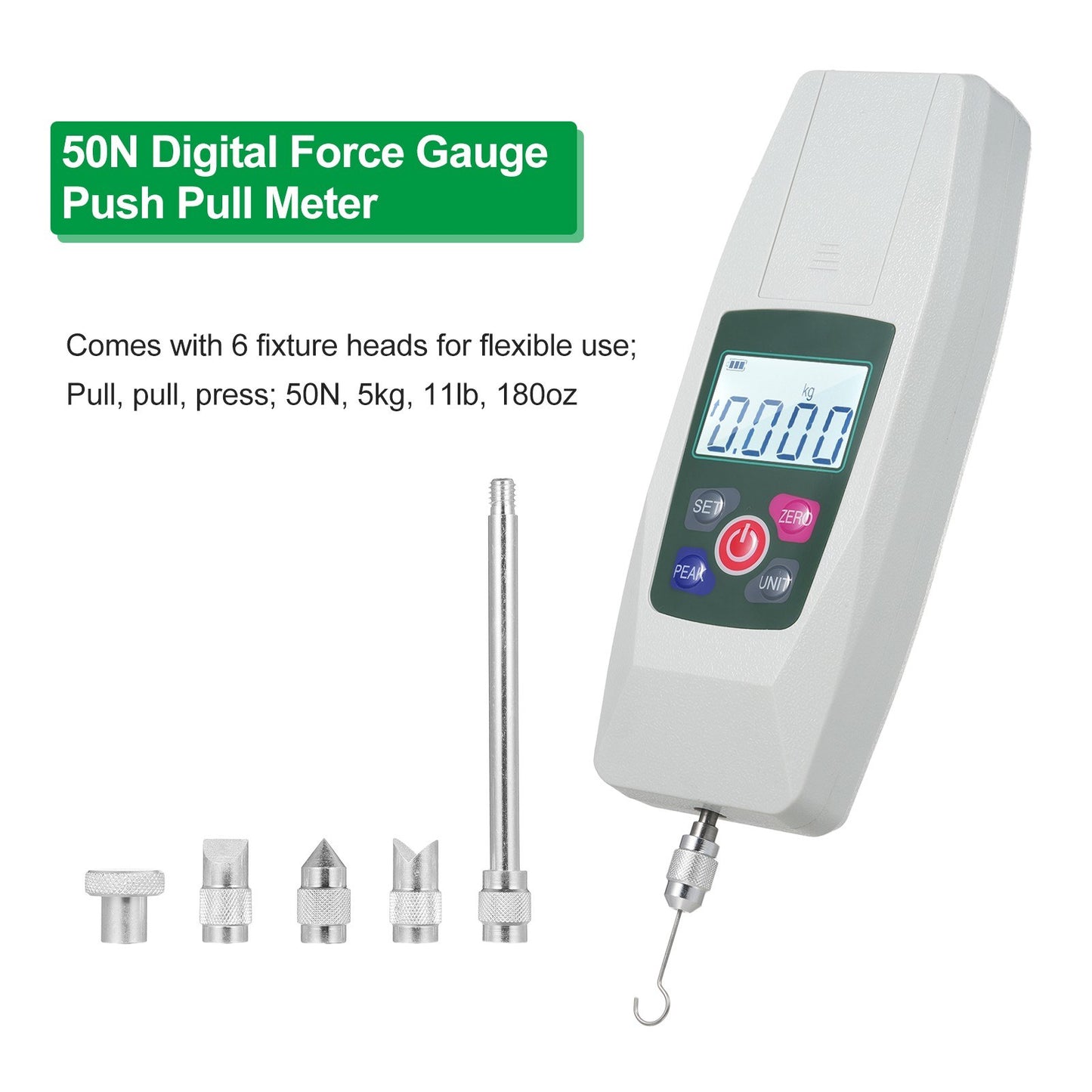 Digital Force Gauge Mini Dynamometer 50N/5kg/11lb/180oz with N/Kg/Lb/Oz Units, Auto Backlight & Buzzer, 1% Accuracy