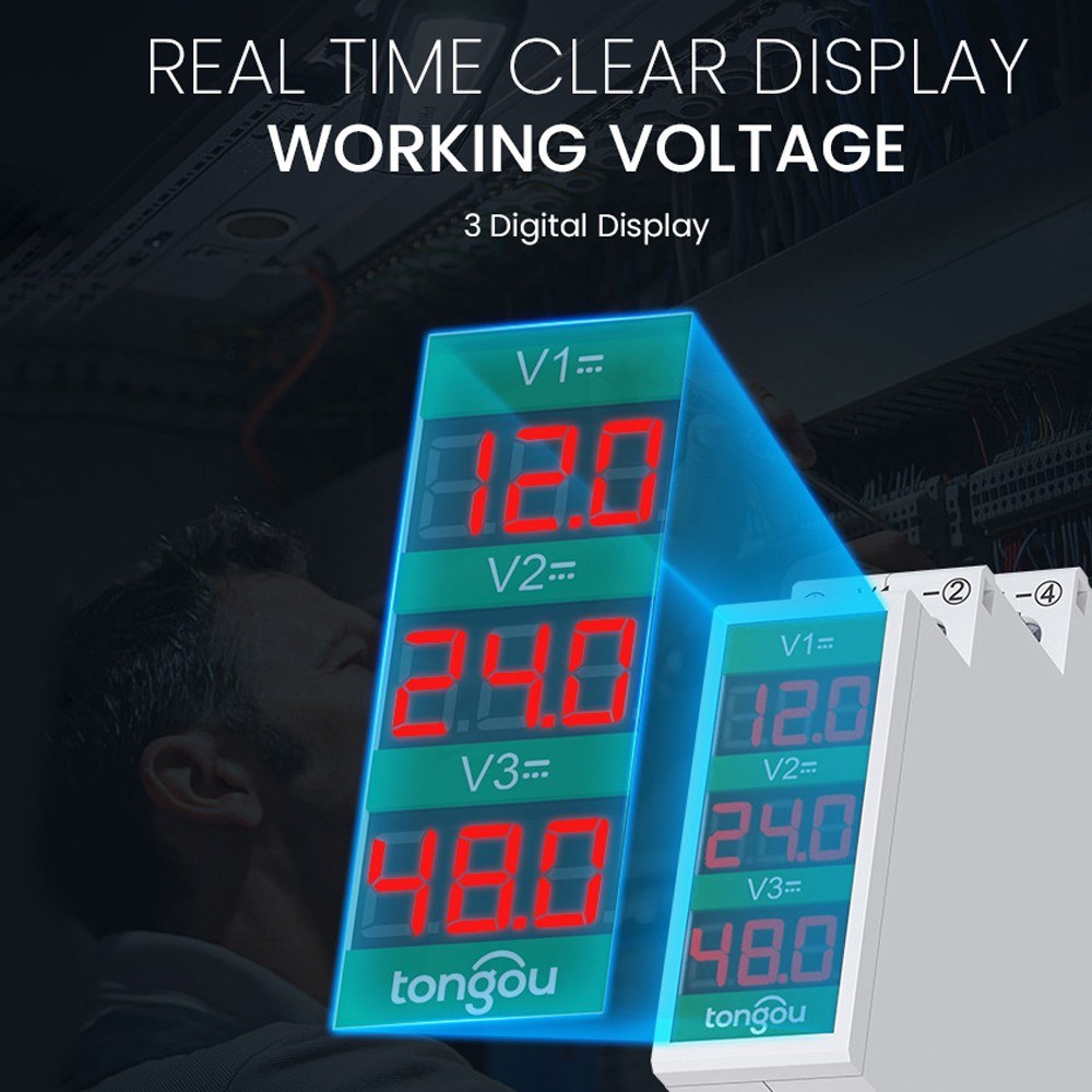 Intelligent LED DC Voltmeter 11-310V, Compact Rail Mount Voltage Detector