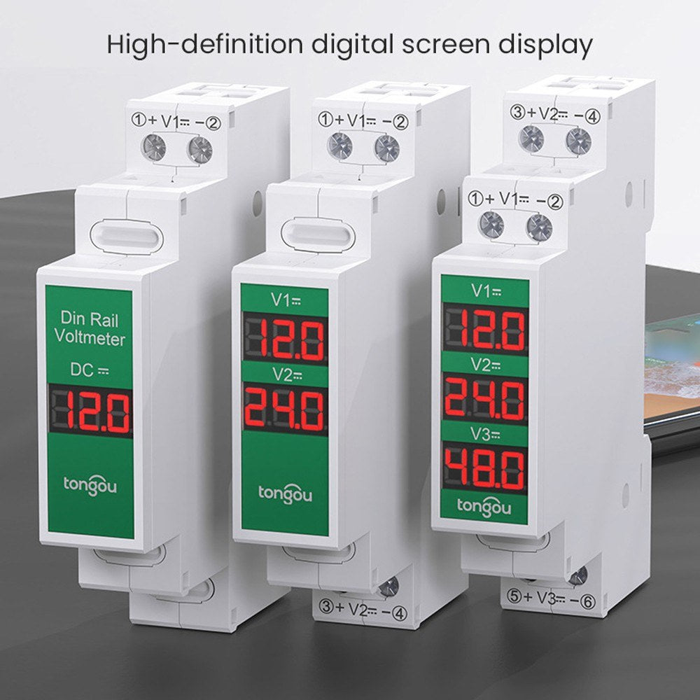 Intelligent LED DC Voltmeter 11-310V, Compact Rail Mount Voltage Detector