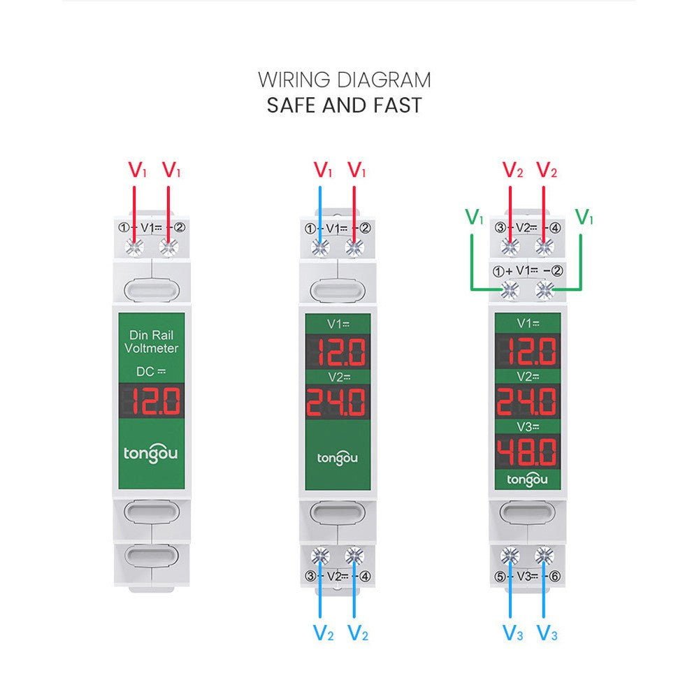 Intelligent LED DC Voltmeter 11-310V, Compact Rail Mount Voltage Detector
