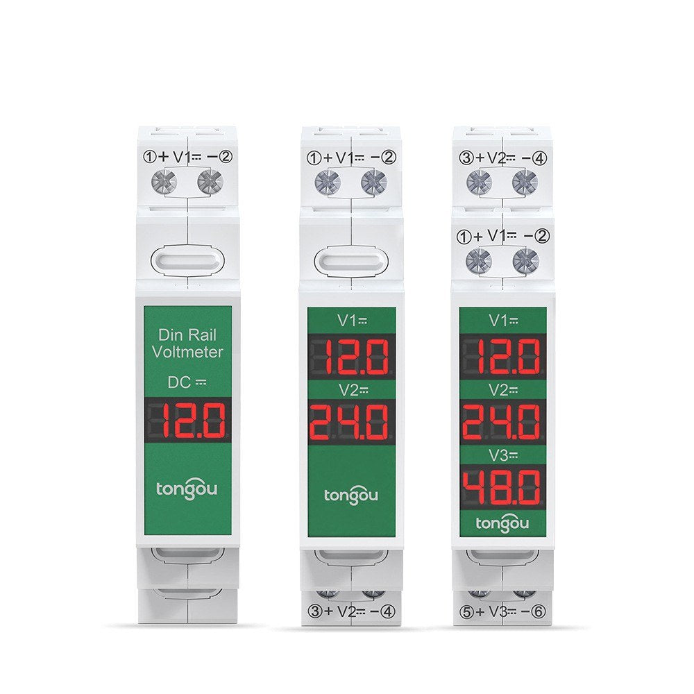 Intelligent LED DC Voltmeter 11-310V, Compact Rail Mount Voltage Detector