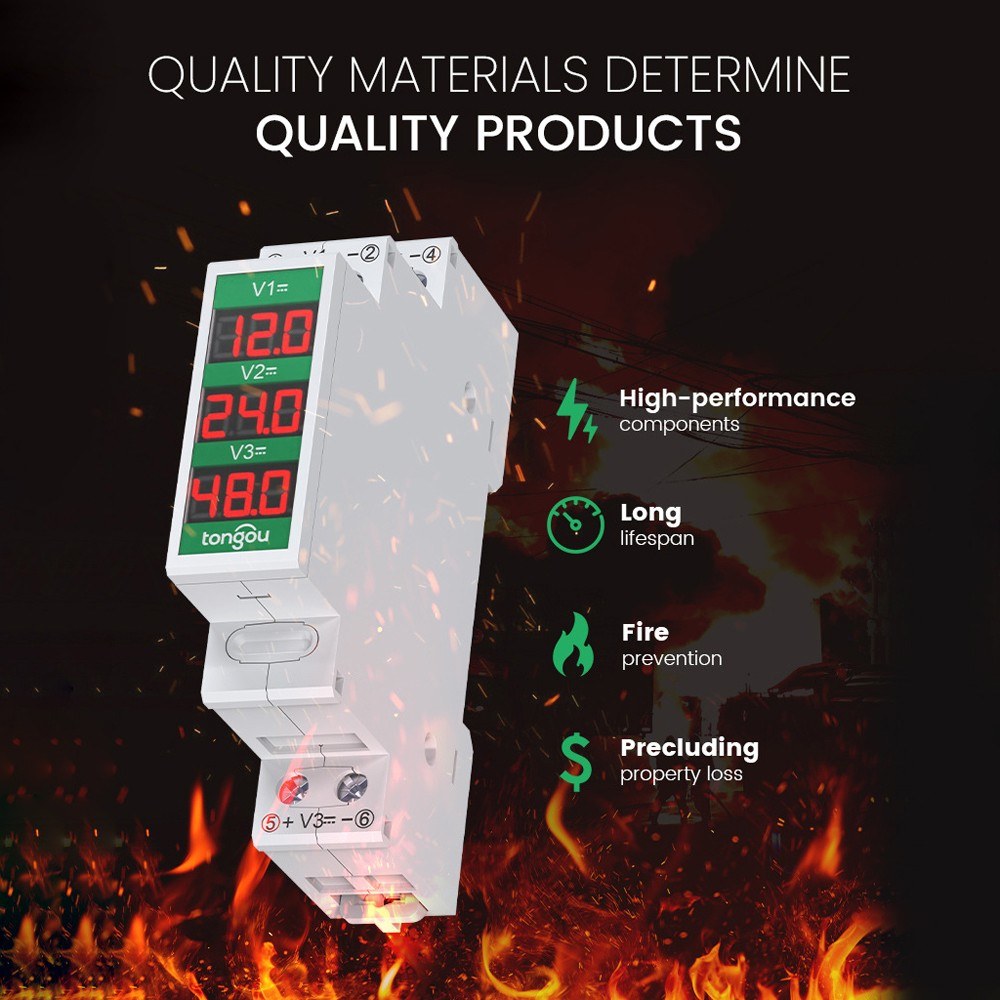 Intelligent LED DC Voltmeter 11-310V, Compact Rail Mount Voltage Detector