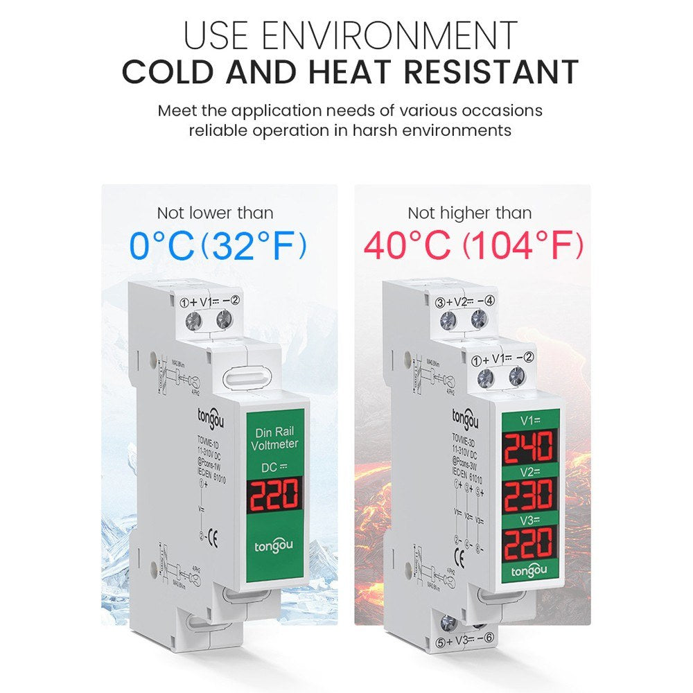 Intelligent LED DC Voltmeter 11-310V, Compact Rail Mount Voltage Detector