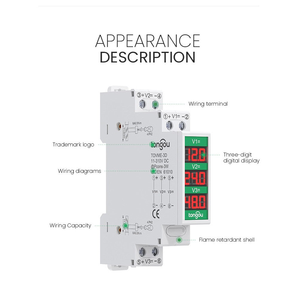 Intelligent LED DC Voltmeter 11-310V, Compact Rail Mount Voltage Detector