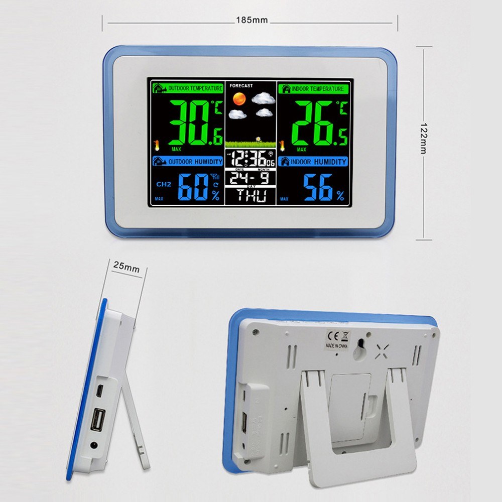 Wireless Weather Station Clock with Color Display, Indoor/Outdoor Temperature & Hygrometer, 433MHz