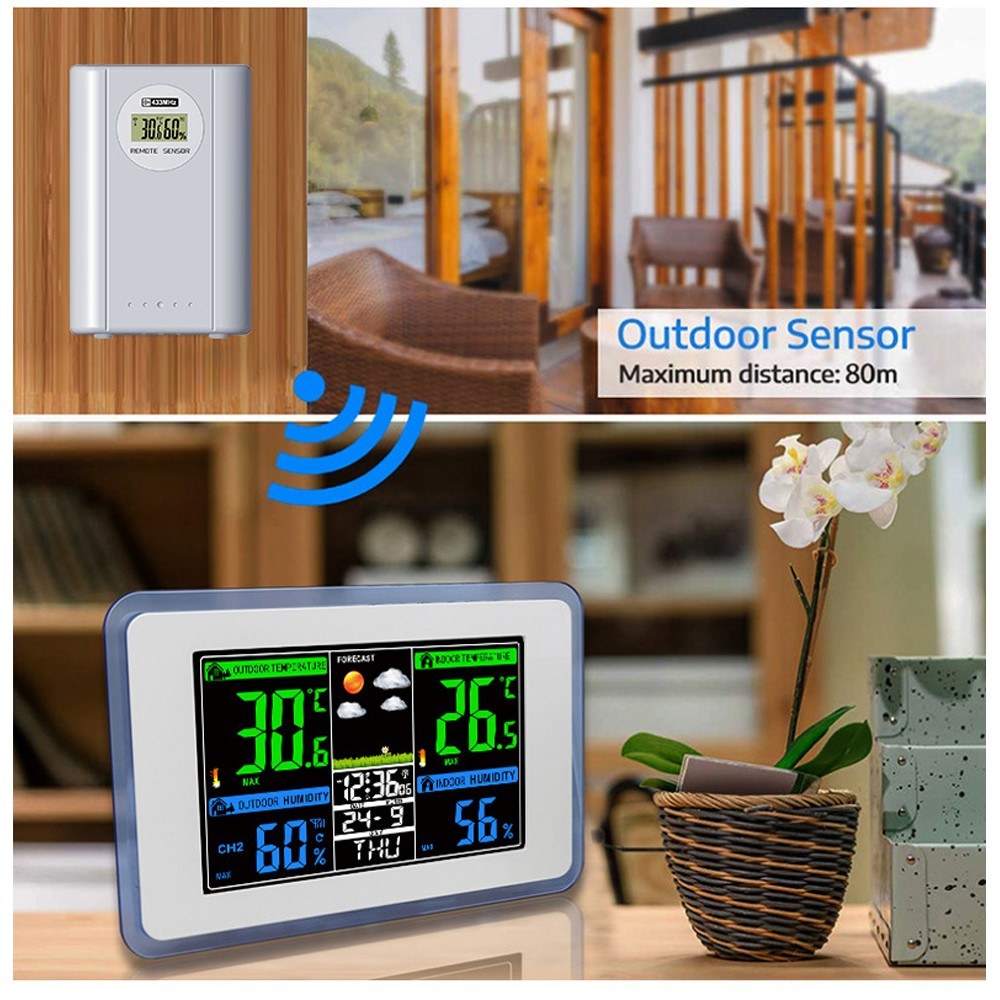 Wireless Weather Station Clock with Color Display, Indoor/Outdoor Temperature & Hygrometer, 433MHz