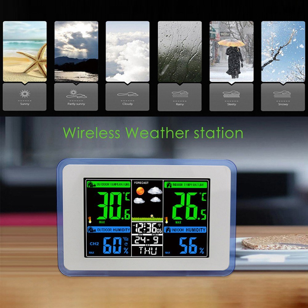 Wireless Weather Station Clock with Color Display, Indoor/Outdoor Temperature & Hygrometer, 433MHz