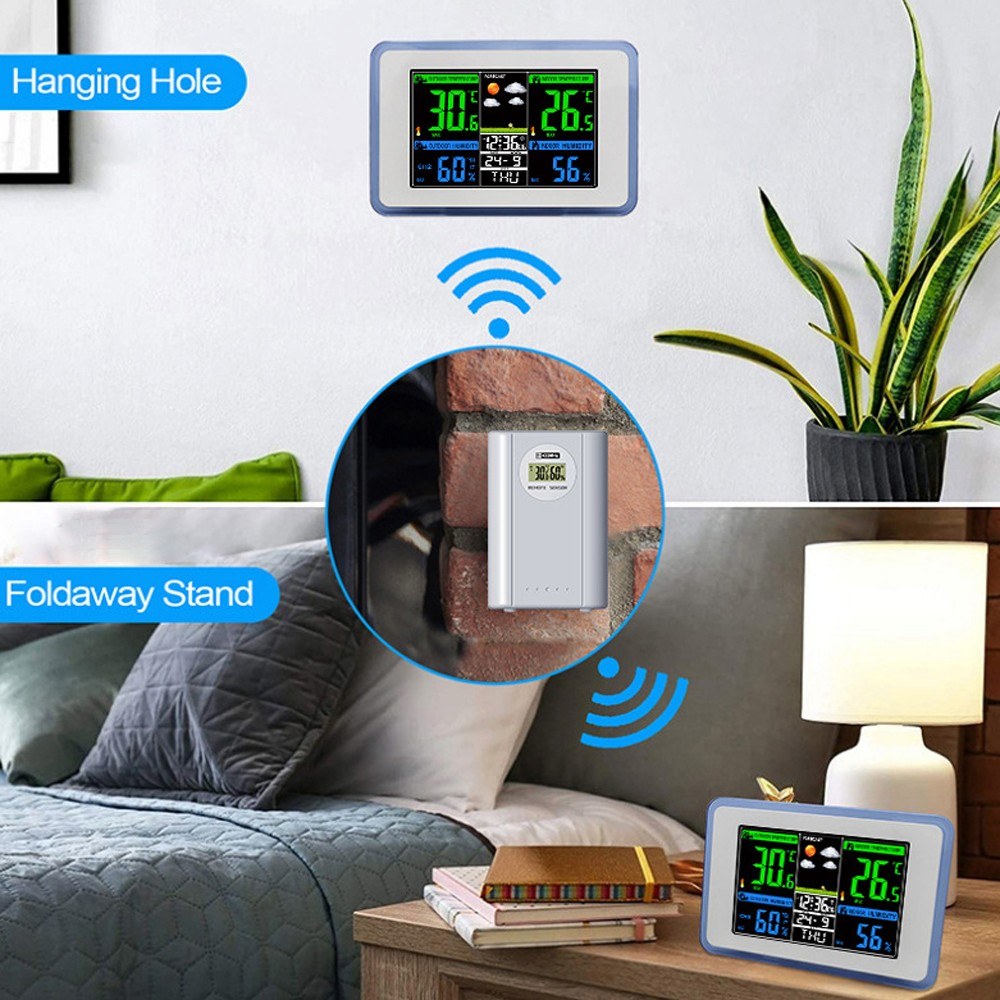 Wireless Weather Station Clock with Color Display, Indoor/Outdoor Temperature & Hygrometer, 433MHz