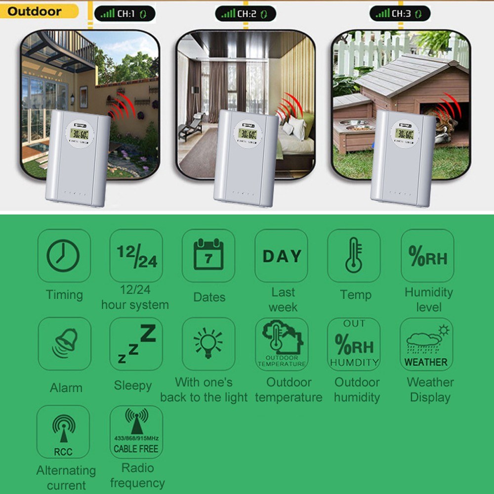 Wireless Weather Station Clock with Color Display, Indoor/Outdoor Temperature & Hygrometer, 433MHz