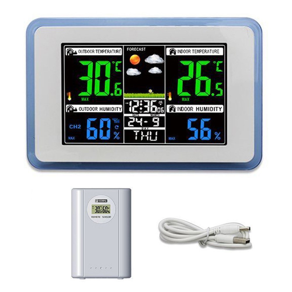 Wireless Weather Station Clock with Color Display, Indoor/Outdoor Temperature & Hygrometer, 433MHz