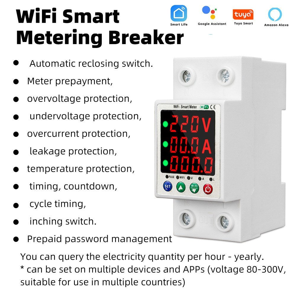 Smart WiFi Metering Breaker with Digital Display & Auto Reclosure - Tuya Compatible