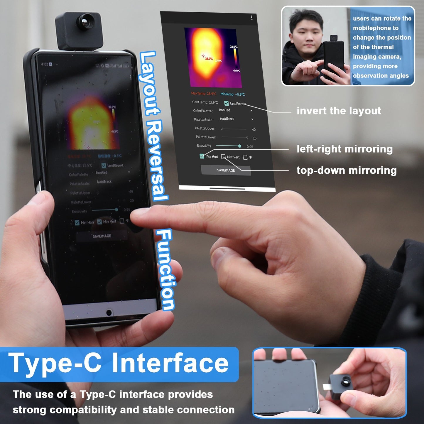 Compact Mobile Phone Thermal Imager: -20℃ to 1000℃ Range, 5 Color Palettes, Max/Min/Center Temp Measurement