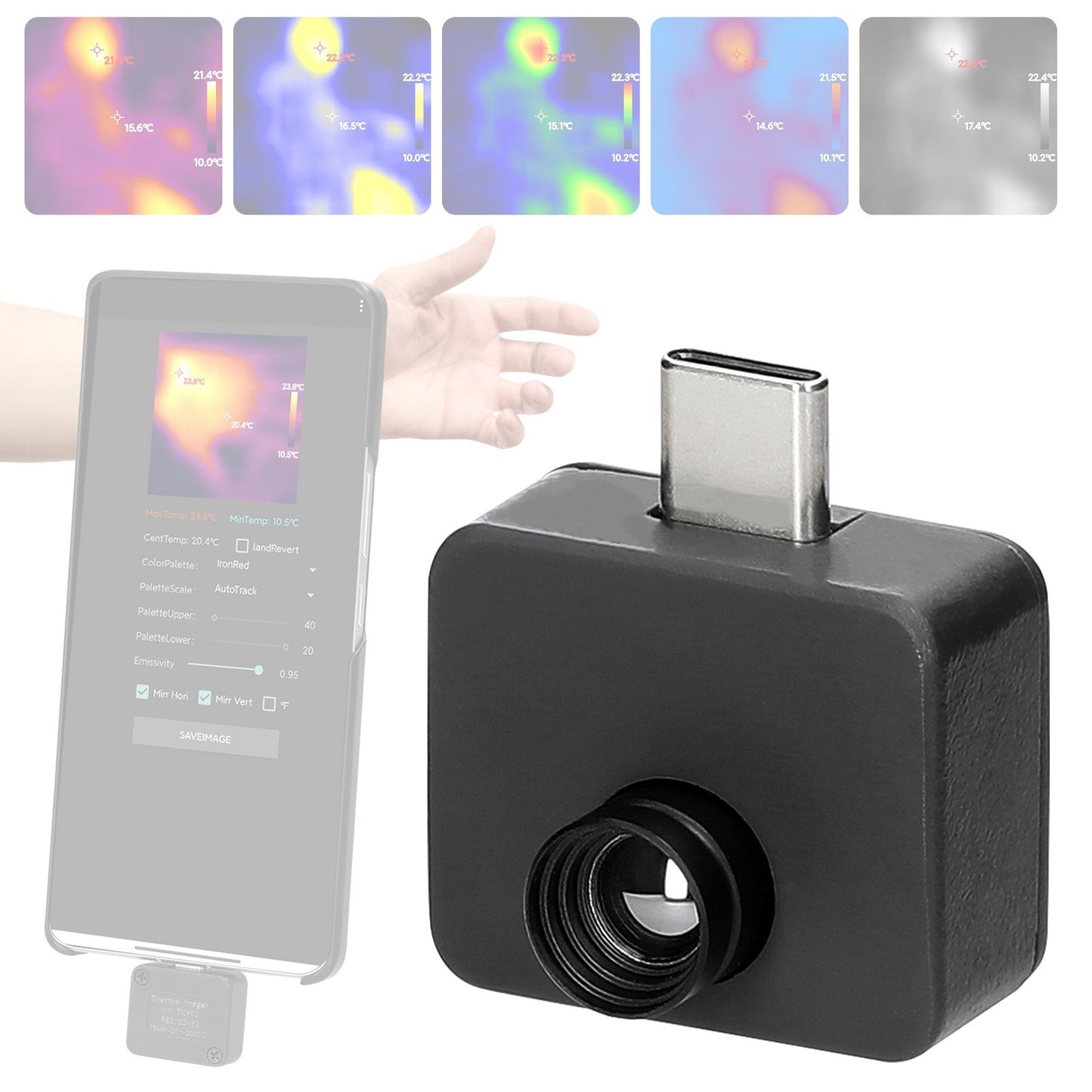 Compact Mobile Phone Thermal Imager: -20℃ to 1000℃ Range, 5 Color Palettes, Max/Min/Center Temp Measurement