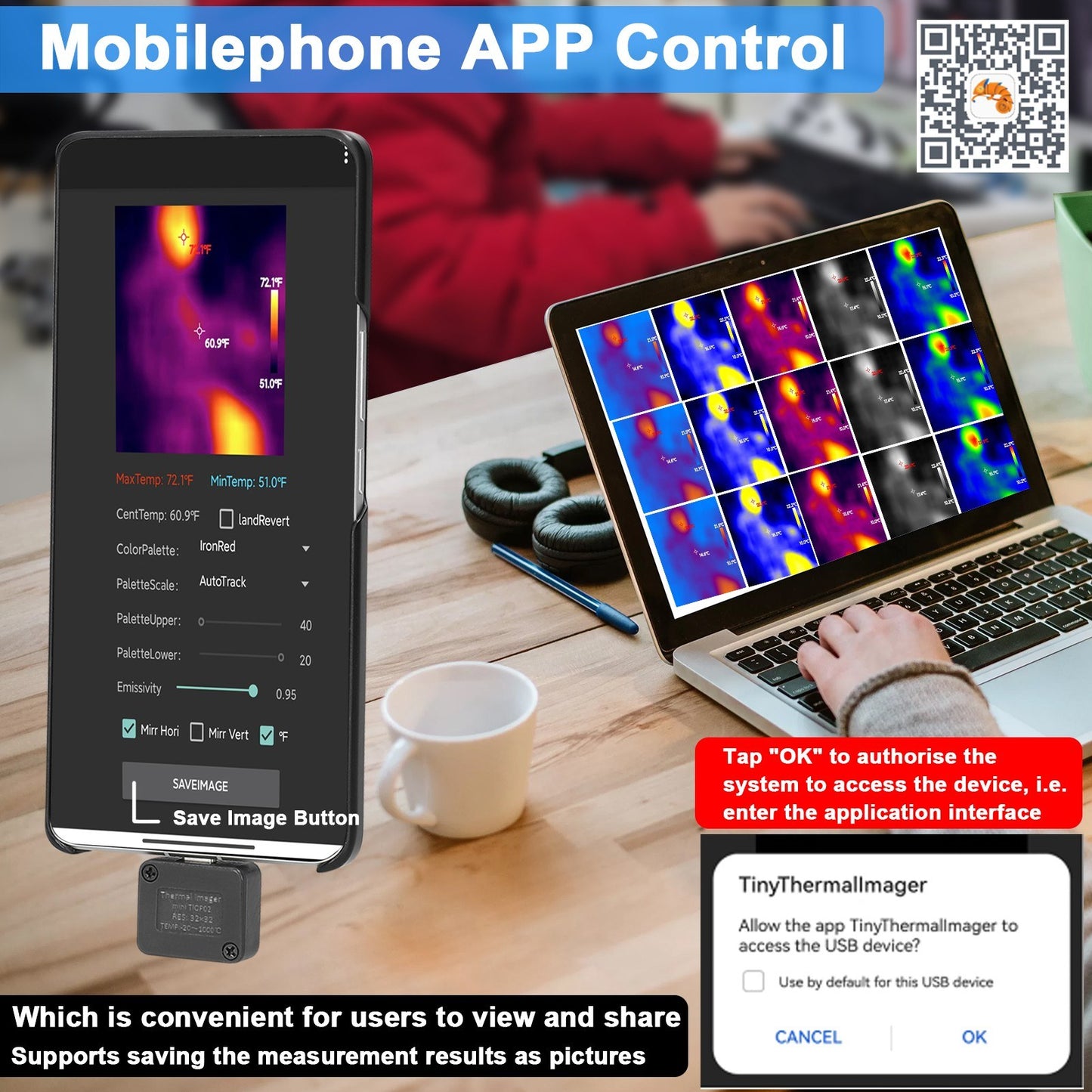 Compact Mobile Phone Thermal Imager: -20℃ to 1000℃ Range, 5 Color Palettes, Max/Min/Center Temp Measurement