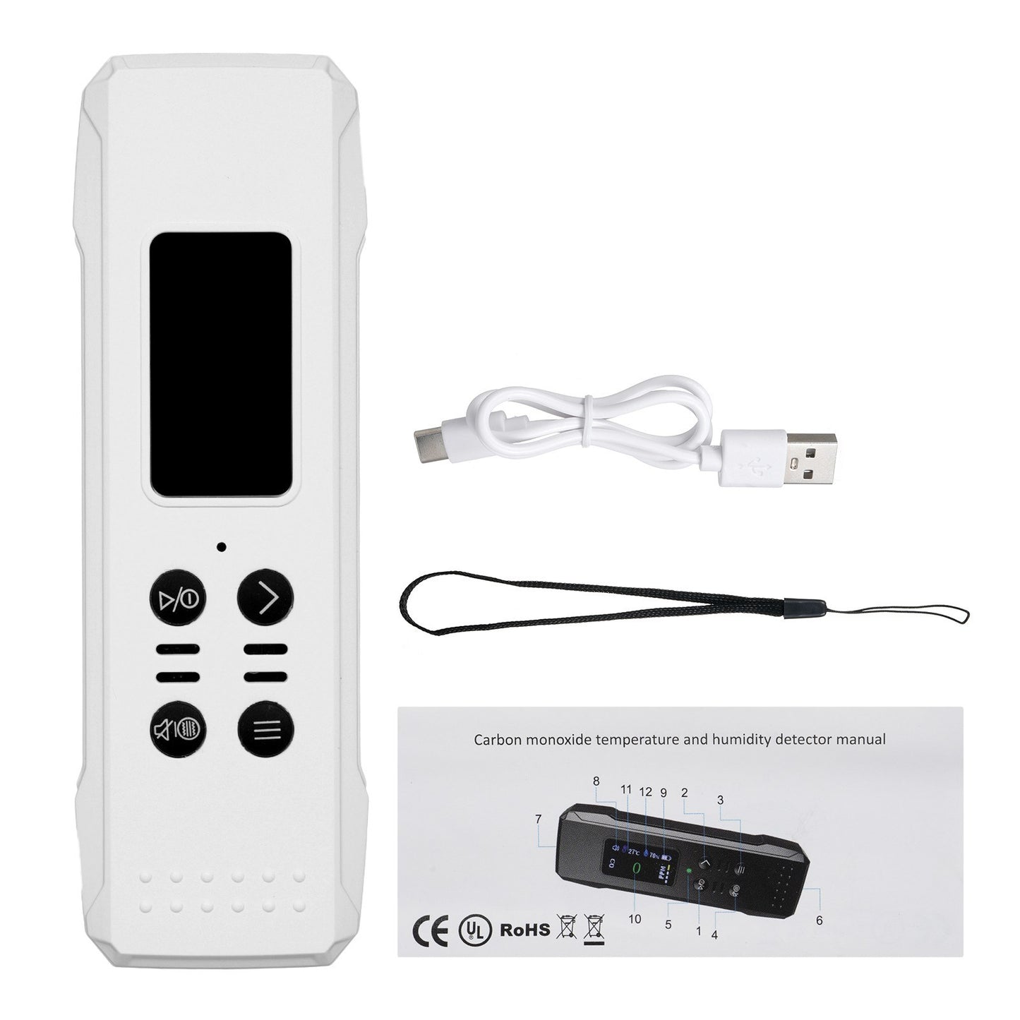 Portable 3-in-1 Carbon Monoxide Detector: 0-1000PPM Air Quality Monitor, CO Gas Meter, Temperature & Humidity Sensor with Alarm and Lanyard - 800mAh Battery for Basement, Camp, Trip, RV, Car
