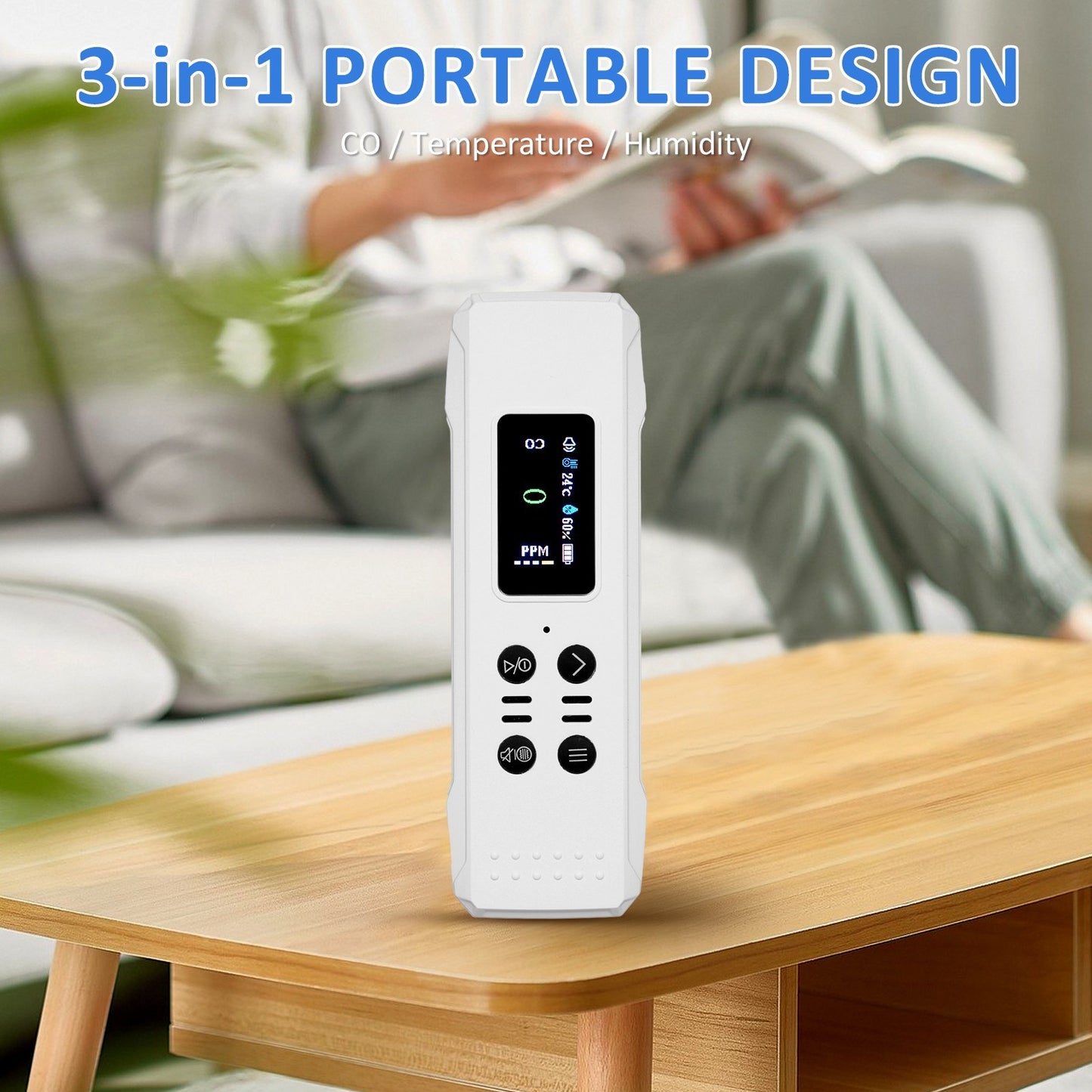 Portable 3-in-1 Carbon Monoxide Detector: 0-1000PPM Air Quality Monitor, CO Gas Meter, Temperature & Humidity Sensor with Alarm and Lanyard - 800mAh Battery for Basement, Camp, Trip, RV, Car