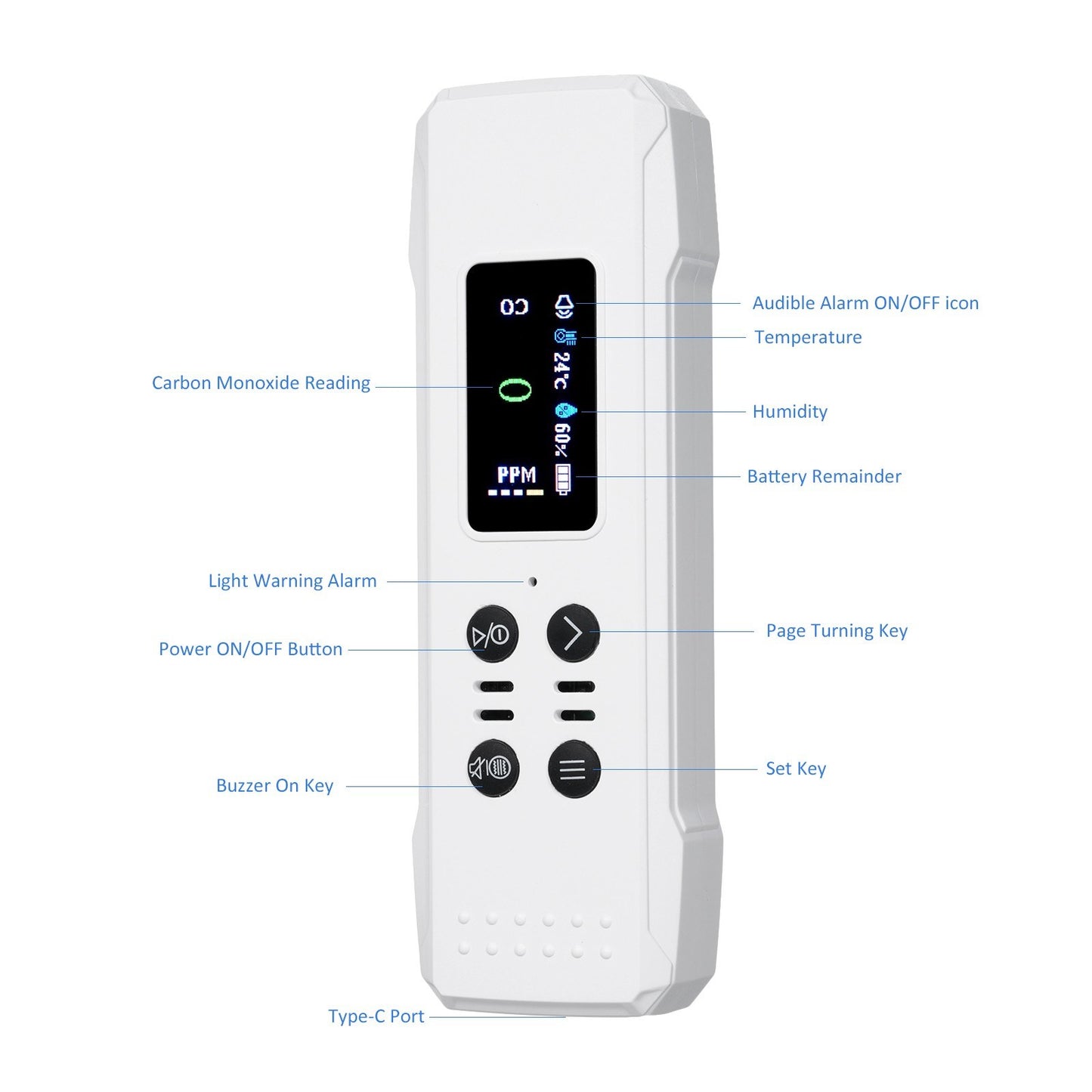 Portable 3-in-1 Carbon Monoxide Detector: 0-1000PPM Air Quality Monitor, CO Gas Meter, Temperature & Humidity Sensor with Alarm and Lanyard - 800mAh Battery for Basement, Camp, Trip, RV, Car