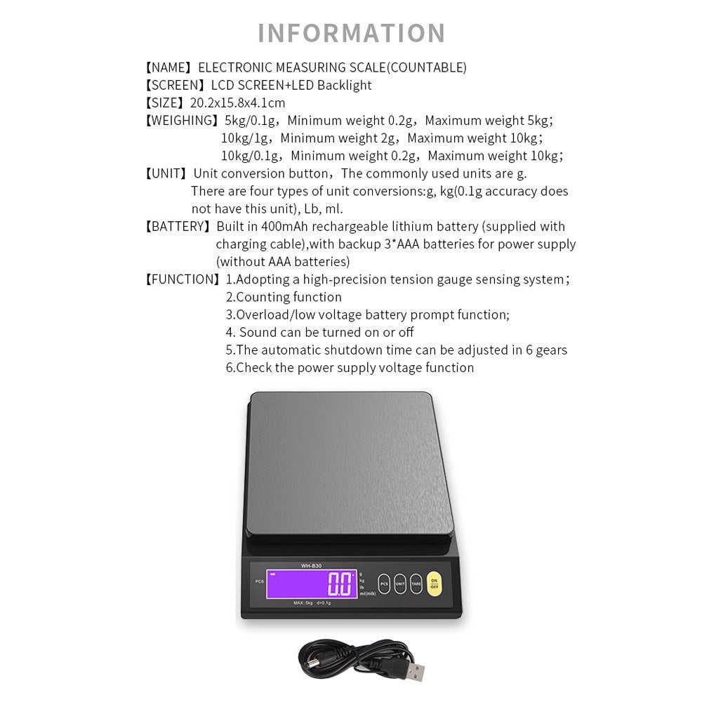 High Accuracy Rechargeable Kitchen Scale, IP67 Waterproof, with Counting, Tare, Zeroing, Auto Power Off & Unit Conversion