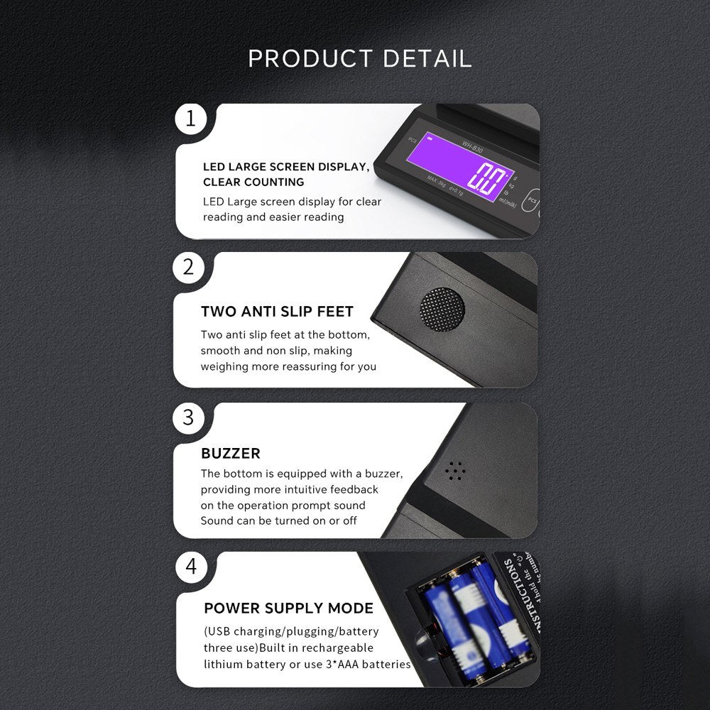 High Accuracy Rechargeable Kitchen Scale, IP67 Waterproof, with Counting, Tare, Zeroing, Auto Power Off & Unit Conversion