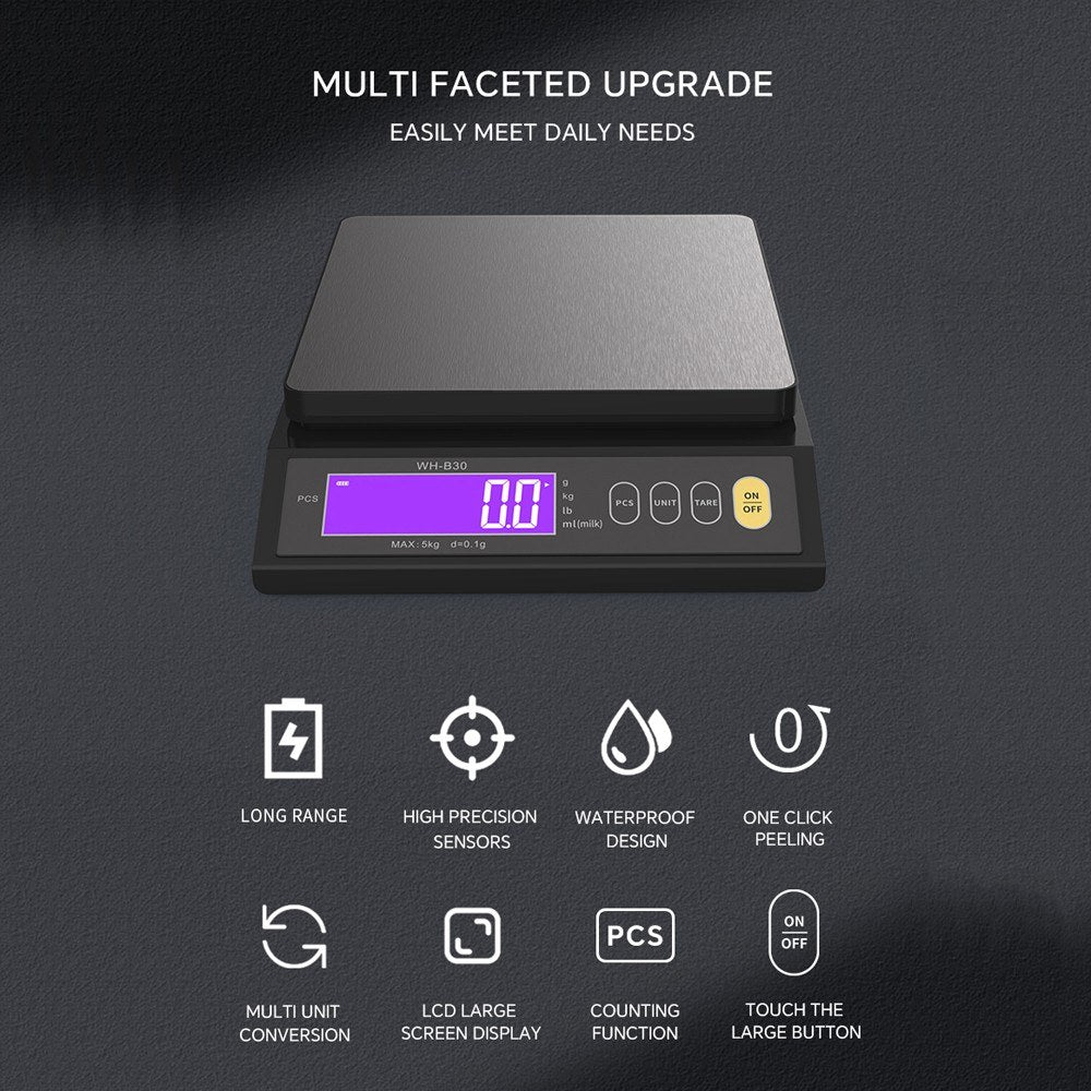 High Accuracy Rechargeable Kitchen Scale, IP67 Waterproof, with Counting, Tare, Zeroing, Auto Power Off & Unit Conversion