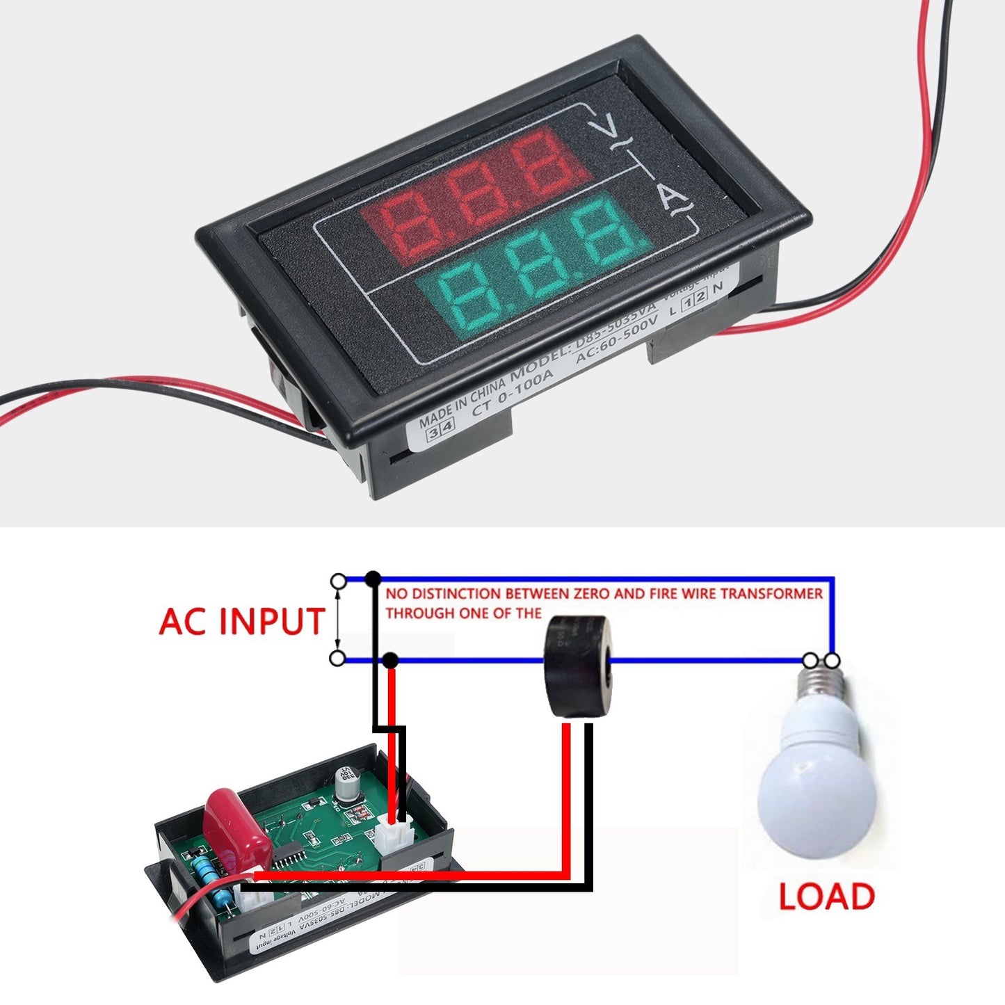 Digital Volt Amp Meter AC 60-500V 100A with Current Transformer, 2-in-1 Mini Ammeter Voltmeter Gauge, Dual LED Display, Universal Car Accessories