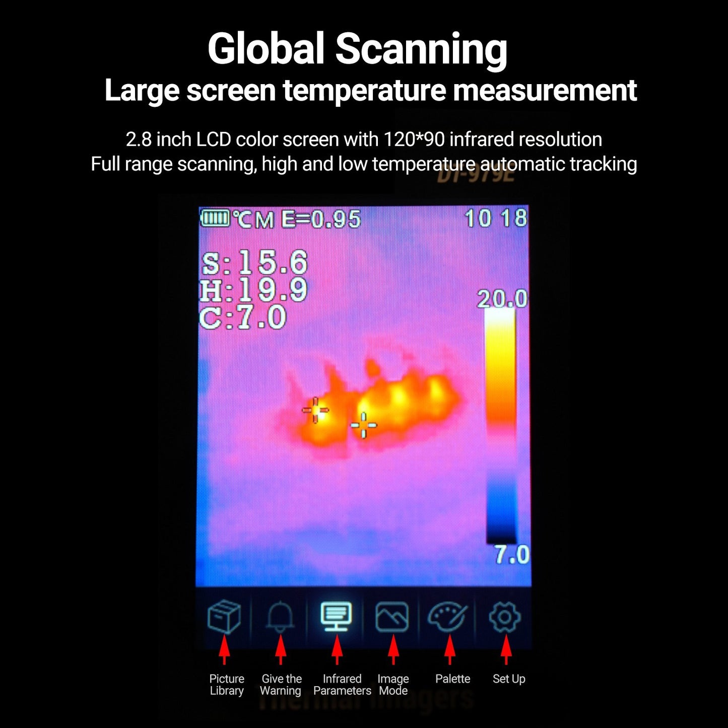 Rechargeable Handheld IR Thermal Camera, 120x90 Resolution, 2.8 LCD, 50Hz, 32GB SD, 2m Drop Proof
