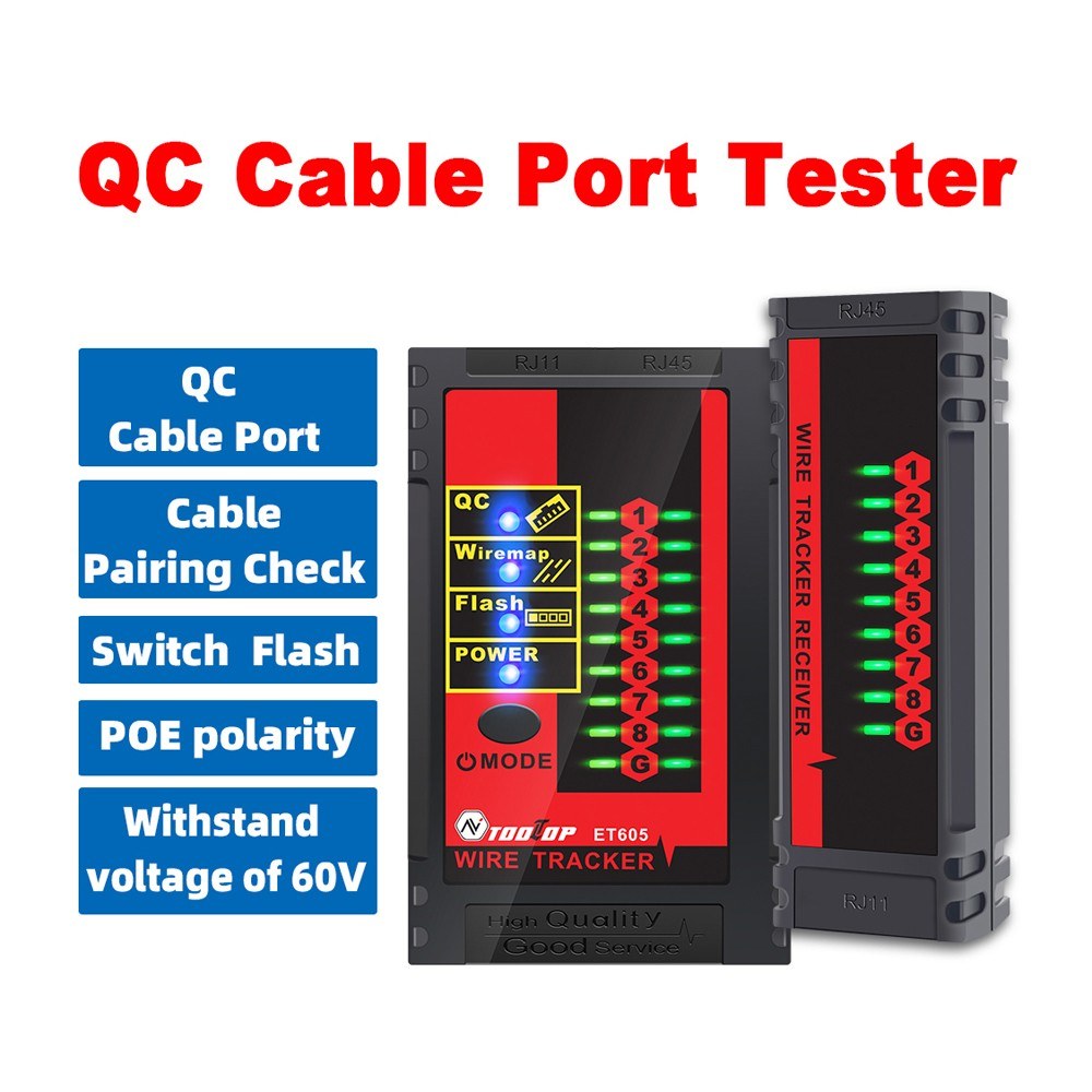 ET605 Cable Tester with POE, Polarity Check, 60V Withstand Voltage, Low Battery Indicator, Auto Power Off