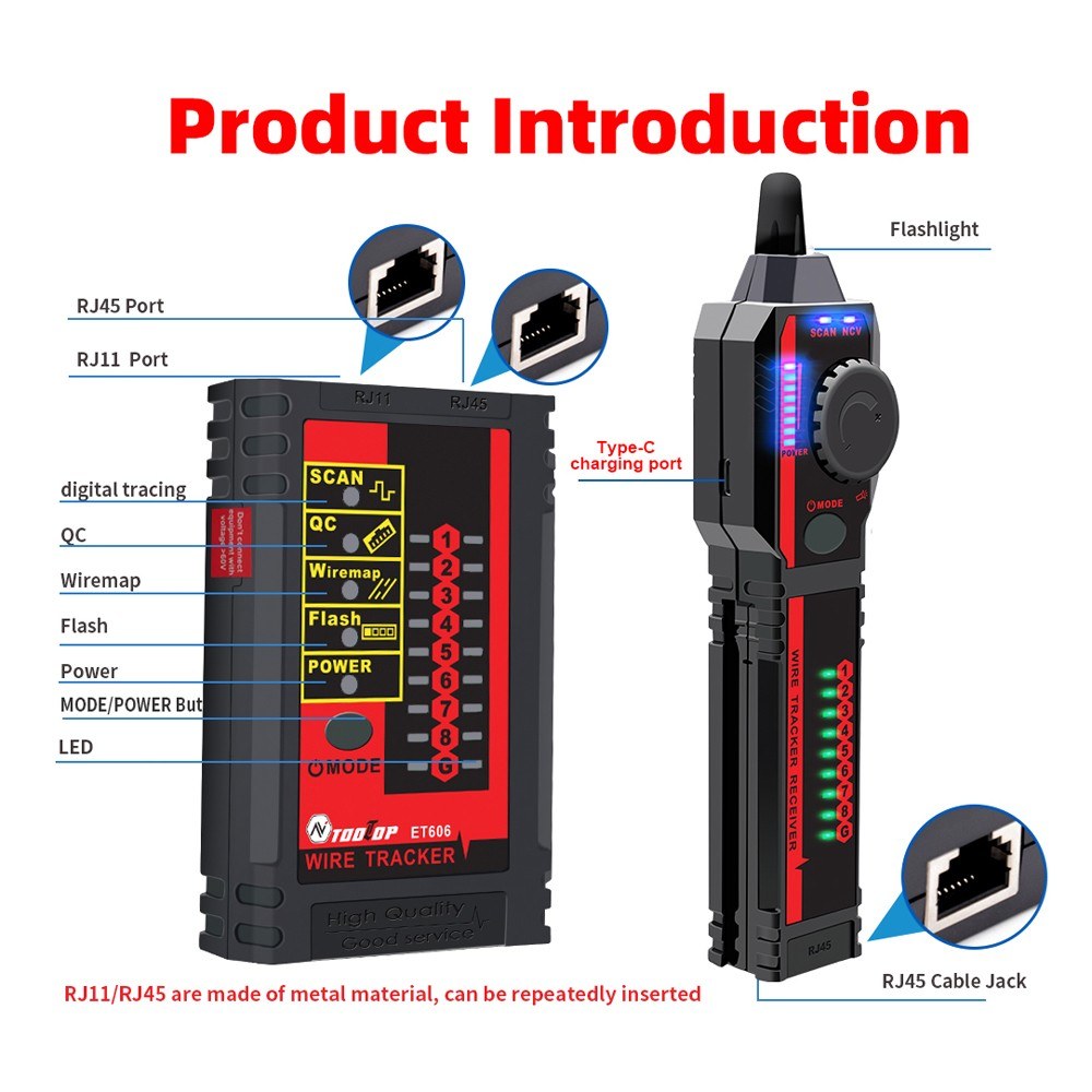 Handheld Network Cable Tester ET606 with POE Polarity, 60V Withstand Voltage, Low Battery Indicator & Auto Power Off