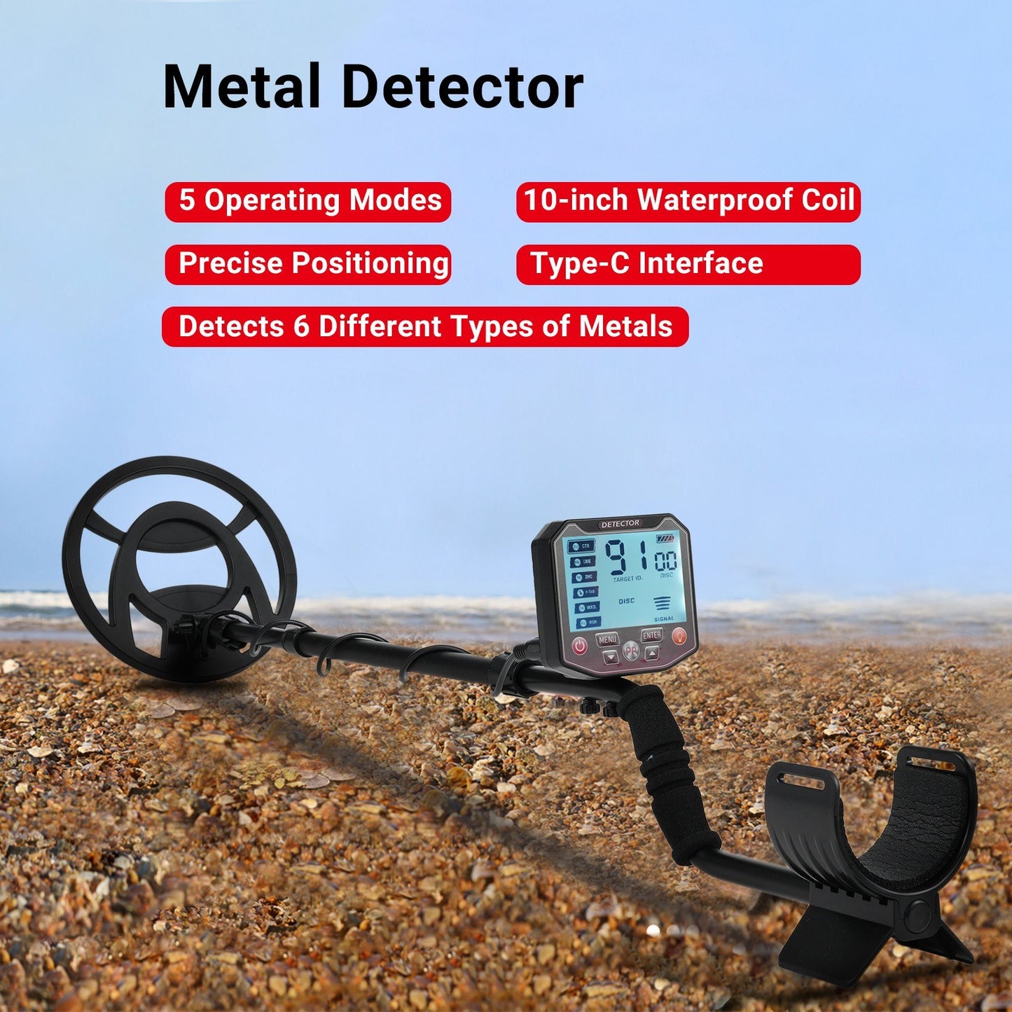Professional Metal Detector for Adults - High Accuracy Gold Finder with LCD Display, 5 Modes, 10-Inch