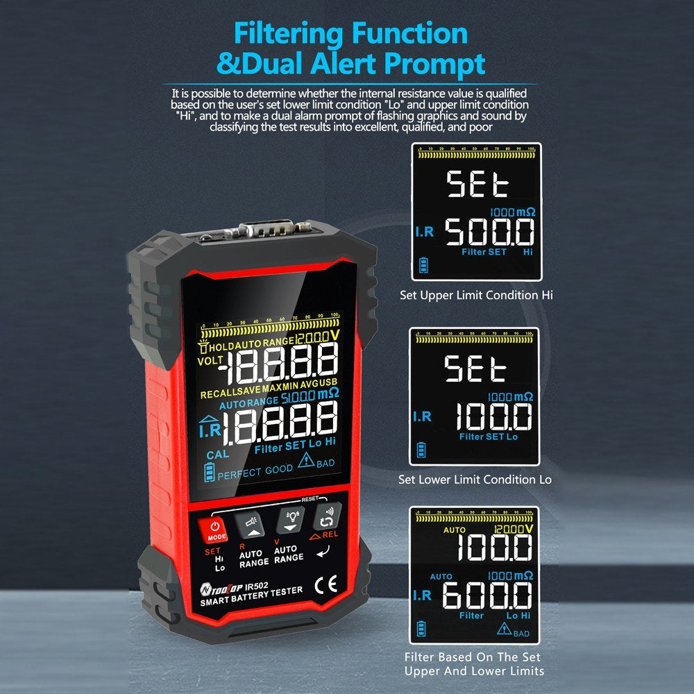 3.2-inch Display Battery Tester: Internal Resistance & Voltage Measurement with Self-Calibration, Filtering, Dual Alarms, Auto Shutdown