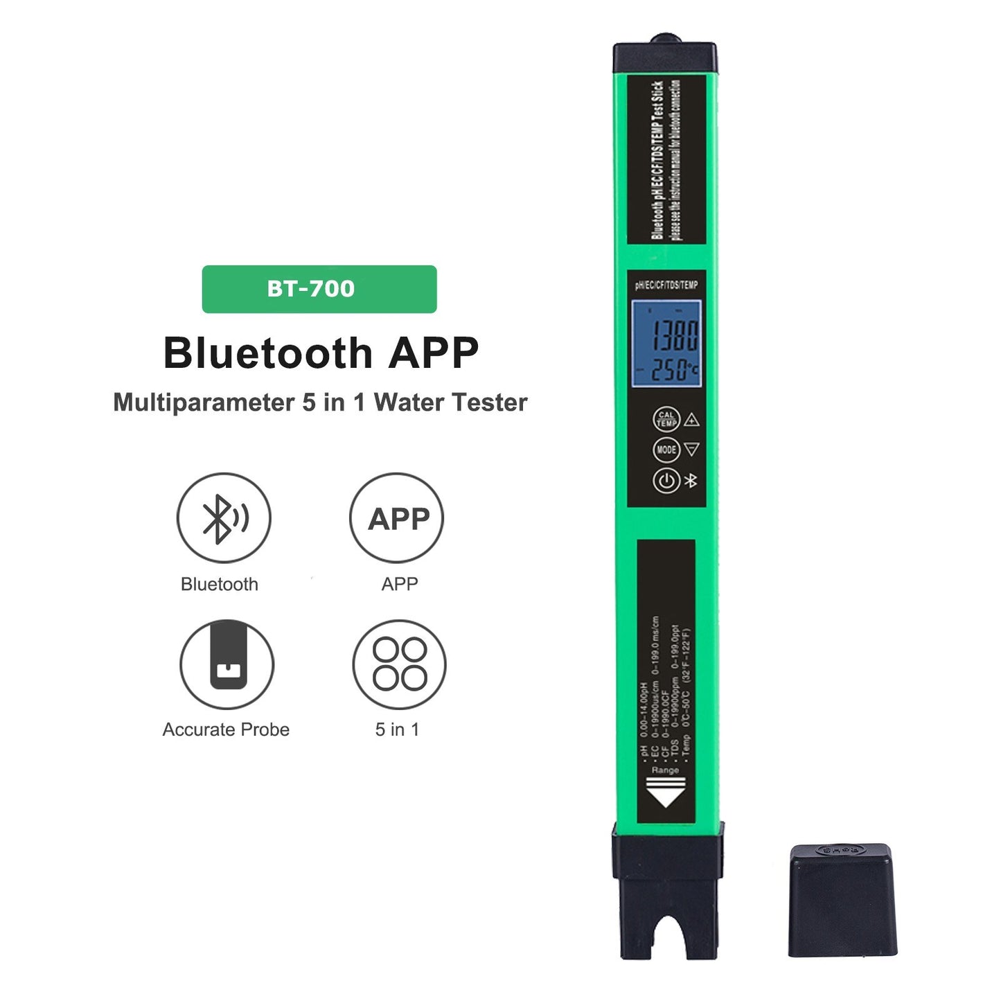 5-in-1 Digital pH Meter: Smart Bluetooth Water Quality Tester for pH/EC/TDS/CF/Temp - Ideal for Drinking Water, Hydroponics & Aquariums