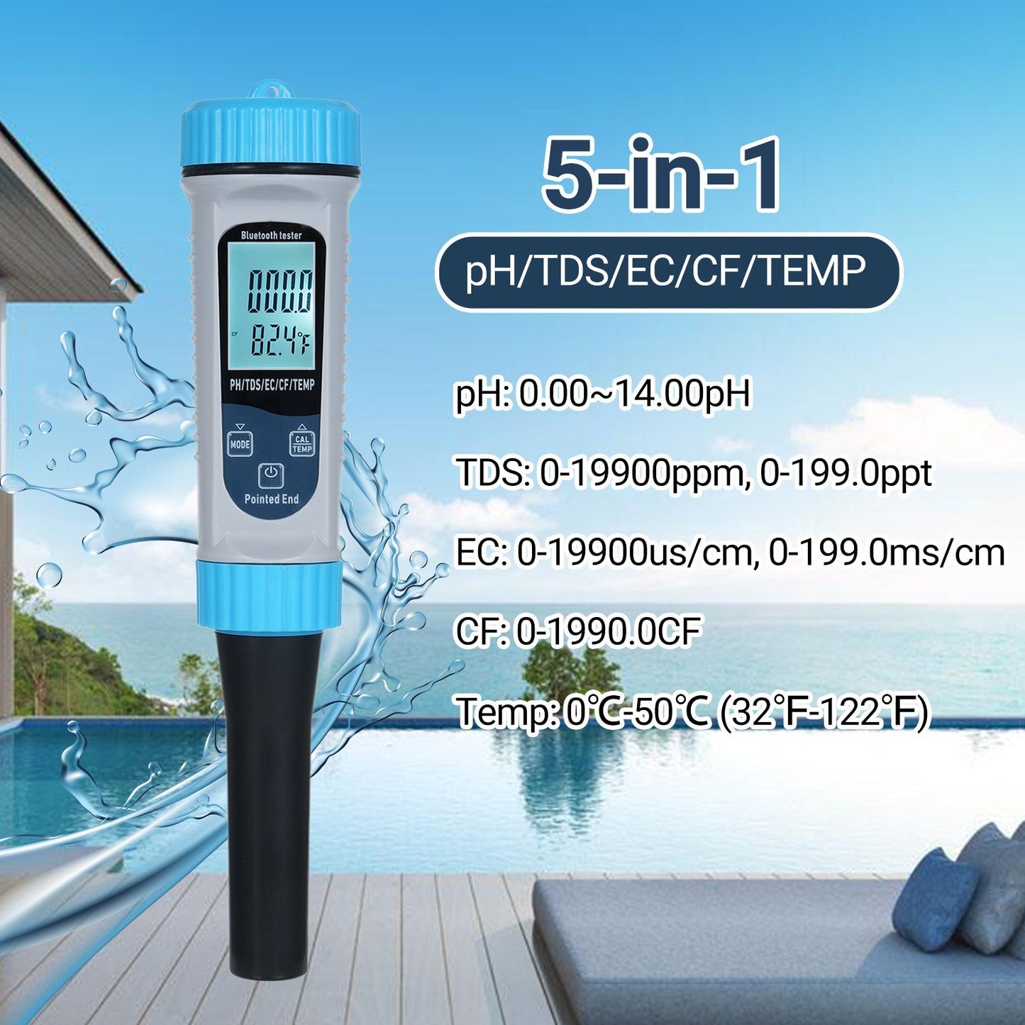 5-in-1 High Accuracy pH Meter with Bluetooth: pH/TDS/EC/CF/Temp Water Testing Kit for Home, Hydroponics, Lab, Aquarium, and More