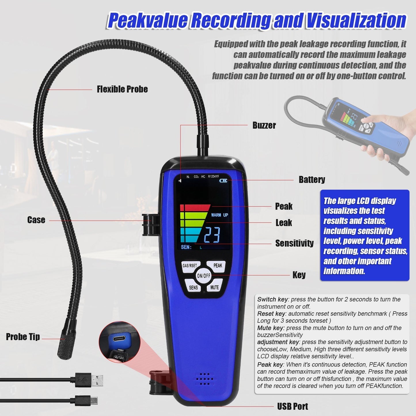 Portable Combustible Gas Leak Detector with Sound & Light Alarm