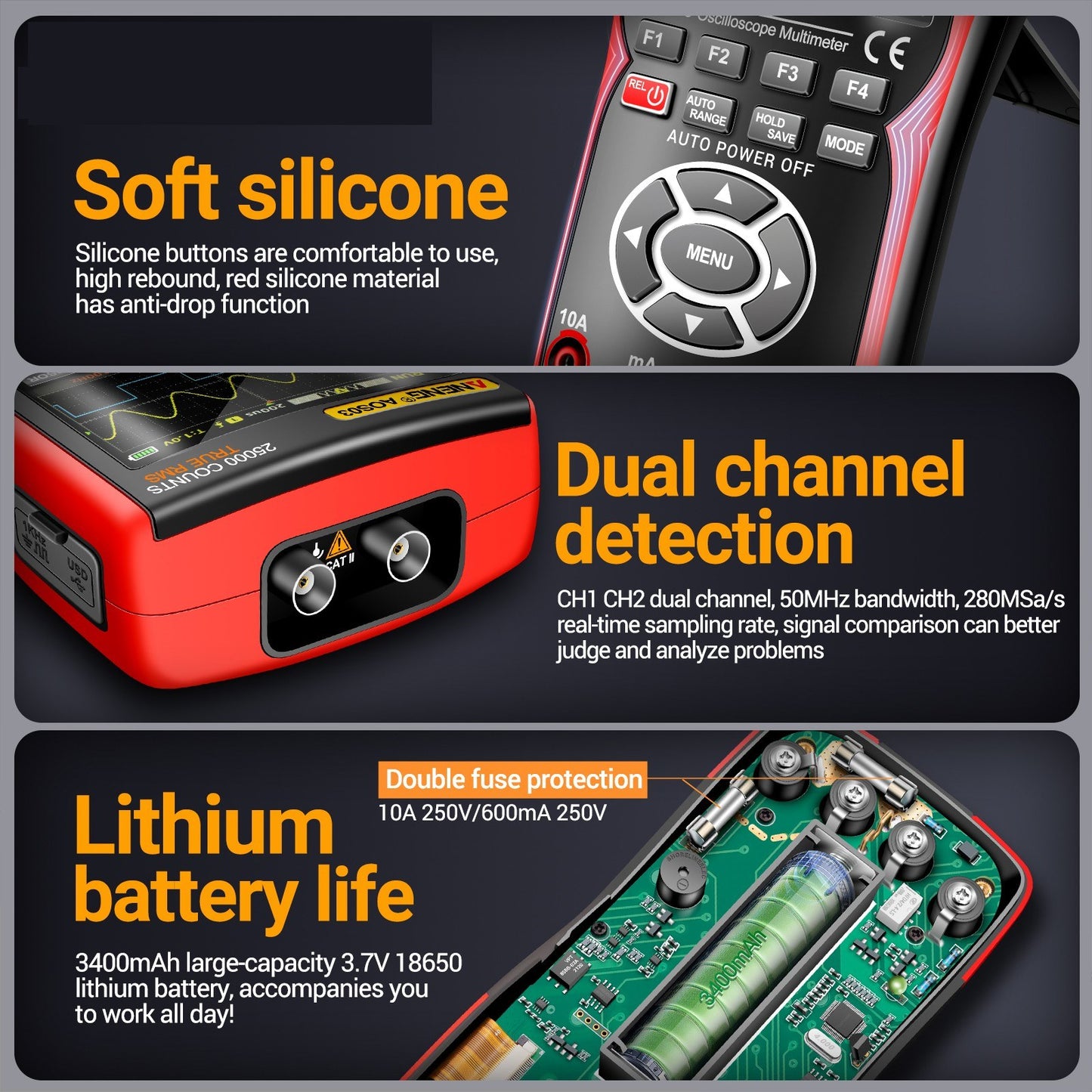 3-in-1 Professional Handheld Oscilloscope Multimeter & Signal Generator, Dual Channel, 50MHz, 280MSa/s, 25000-Count Digital Voltmeter