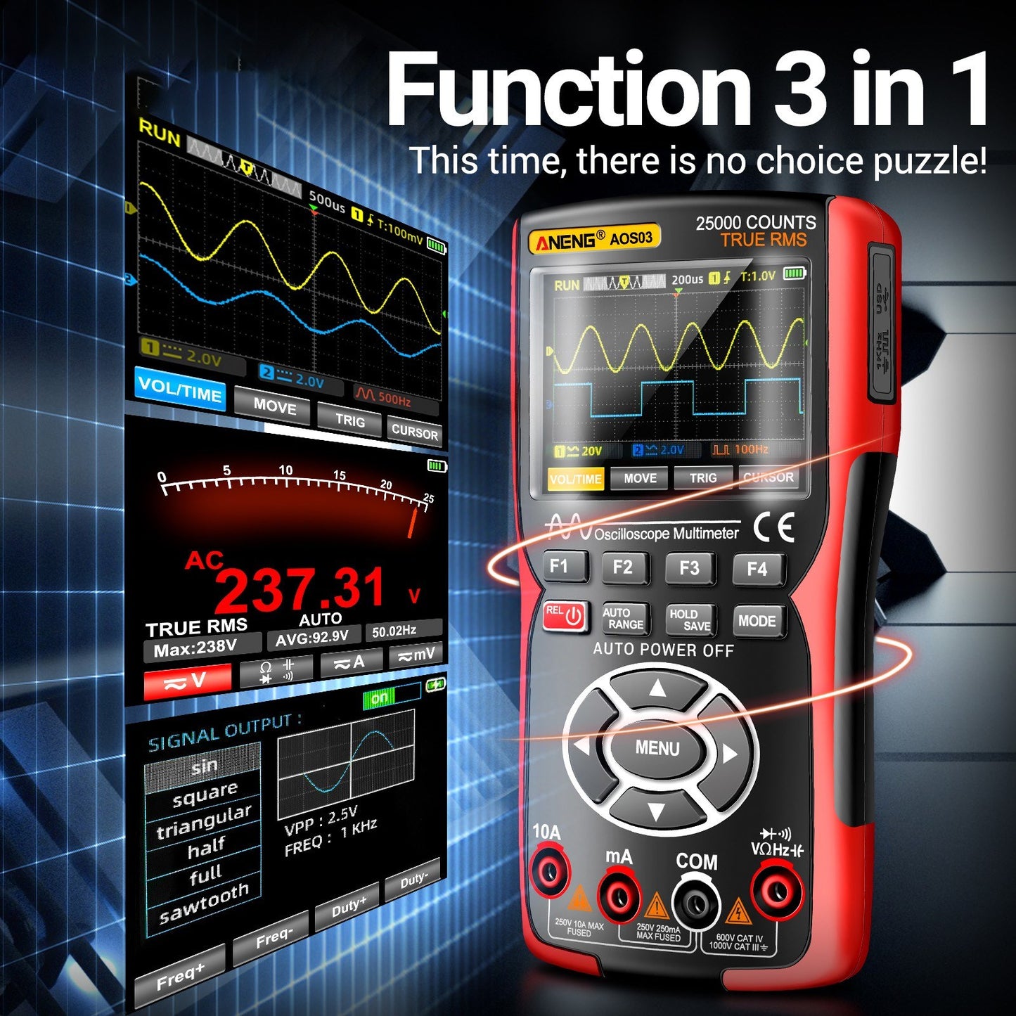 3-in-1 Professional Handheld Oscilloscope Multimeter & Signal Generator, Dual Channel, 50MHz, 280MSa/s, 25000-Count Digital Voltmeter